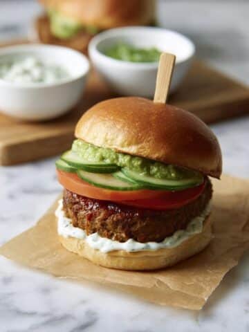Juicy Lamb Burgers with Mint, Tzatziki, and Pesto Recipe