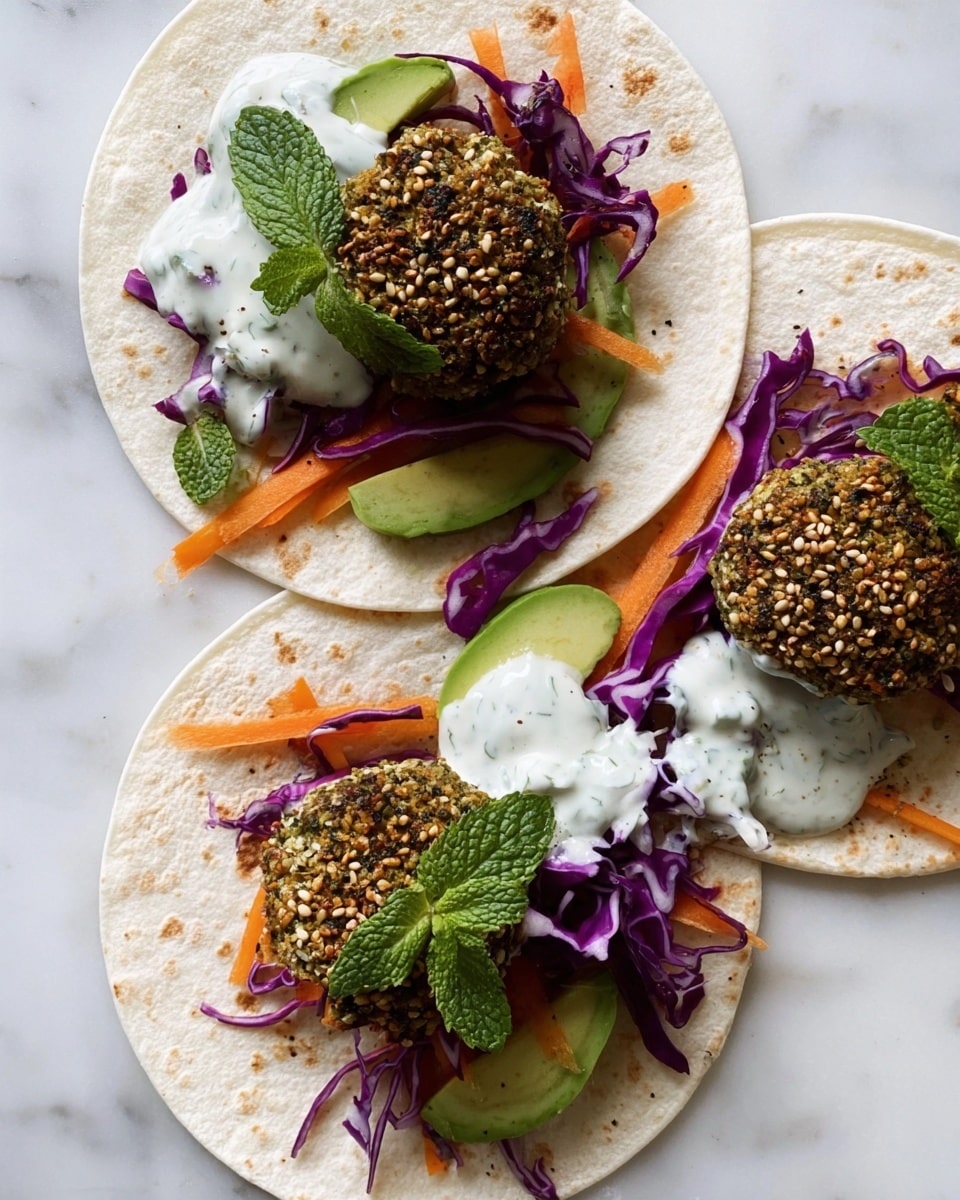 A white flat tortilla placed on a white marbled surface is topped with a layer of shredded purple cabbage and thin carrot strips forming a colorful base. On top of the vegetables, three round green falafel pieces covered with sesame seeds are placed, one of which is broken to reveal a soft green inside. Bright red tomato slices lie underneath and around the falafel, adding freshness to the dish. Small white dollops of creamy sauce are spread among the ingredients. Finally, several fresh green mint leaves and scattered red pomegranate seeds brighten the wrap with color and texture. photo taken with an iphone --ar 4:5 --v 7