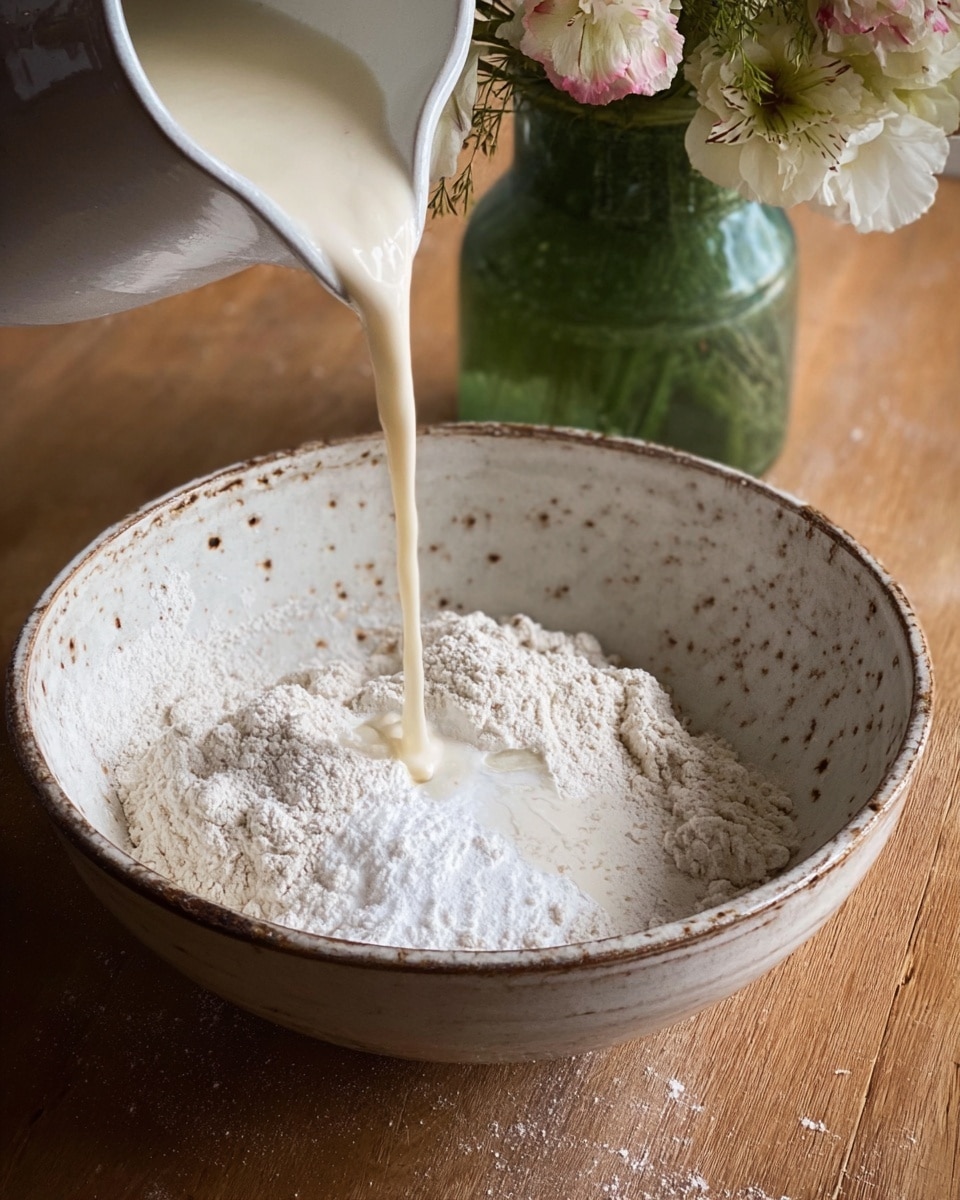 A rustic white bowl with brown veins sits on a wooden table, filled with a mound of white flour mixed with a smaller pile of white sugar and a little bit of yeast. A thick, creamy beige liquid is being poured from a white container into the center of the dry ingredients, creating small bubbles and wet spots as the liquid touches the powder. Nearby, there is a green glass vase with white and light pink flowers in soft focus. The bowl's inside surface is smooth and speckled with small dark dots. The overall scene shows the start of making dough with a soft natural light. photo taken with an iphone --ar 4:5 --v 7