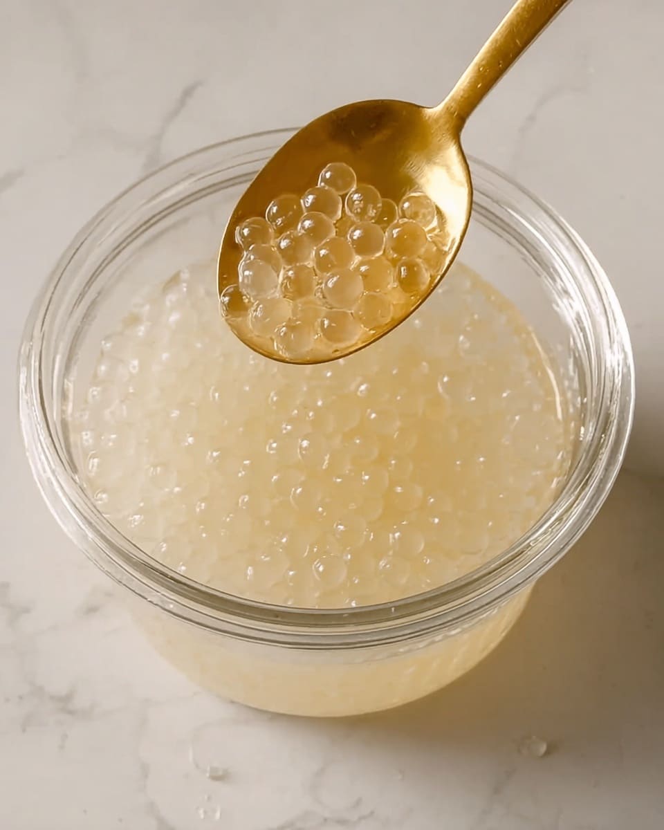 A clear glass bowl filled with small, translucent, pale yellowish round pearls in a clear liquid sits on a white marbled surface. Above the bowl, a golden spoon holds a scoop of the same pearls, showing their jelly-like, slightly shiny texture with a few dropping back into the bowl. The overall look is simple and clean, with soft lighting highlighting the glossy, smooth texture of the pearls and liquid. Photo taken with an iphone --ar 4:5 --v 7