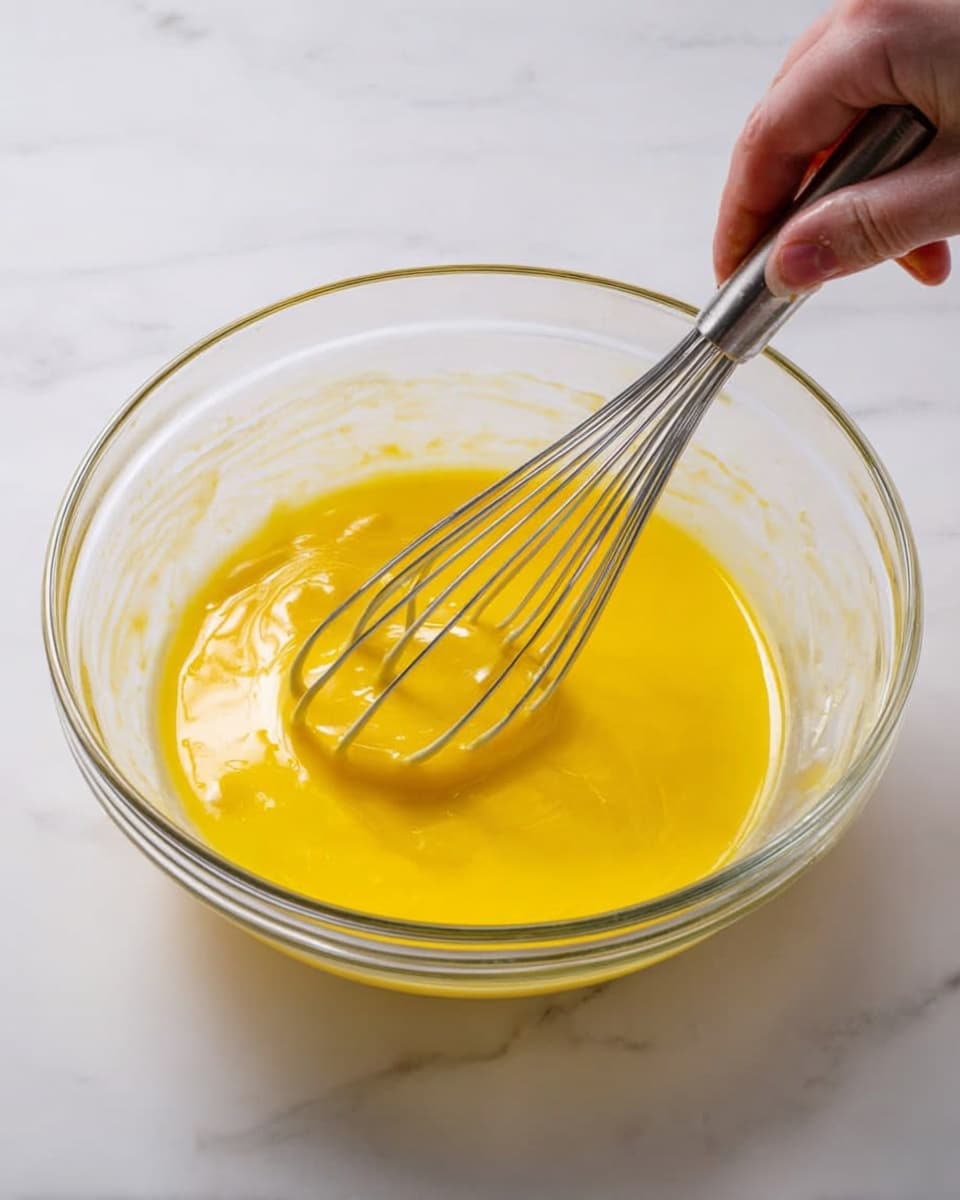 A clear glass bowl filled with bright yellow liquid being whisked with a silver metal whisk held by a woman's hand. The liquid looks smooth and shiny, with waves caused by the whisk. The bowl sits on a white marbled surface, and the light reflects softly on the bowl and liquid inside. photo taken with an iphone --ar 4:5 --v 7