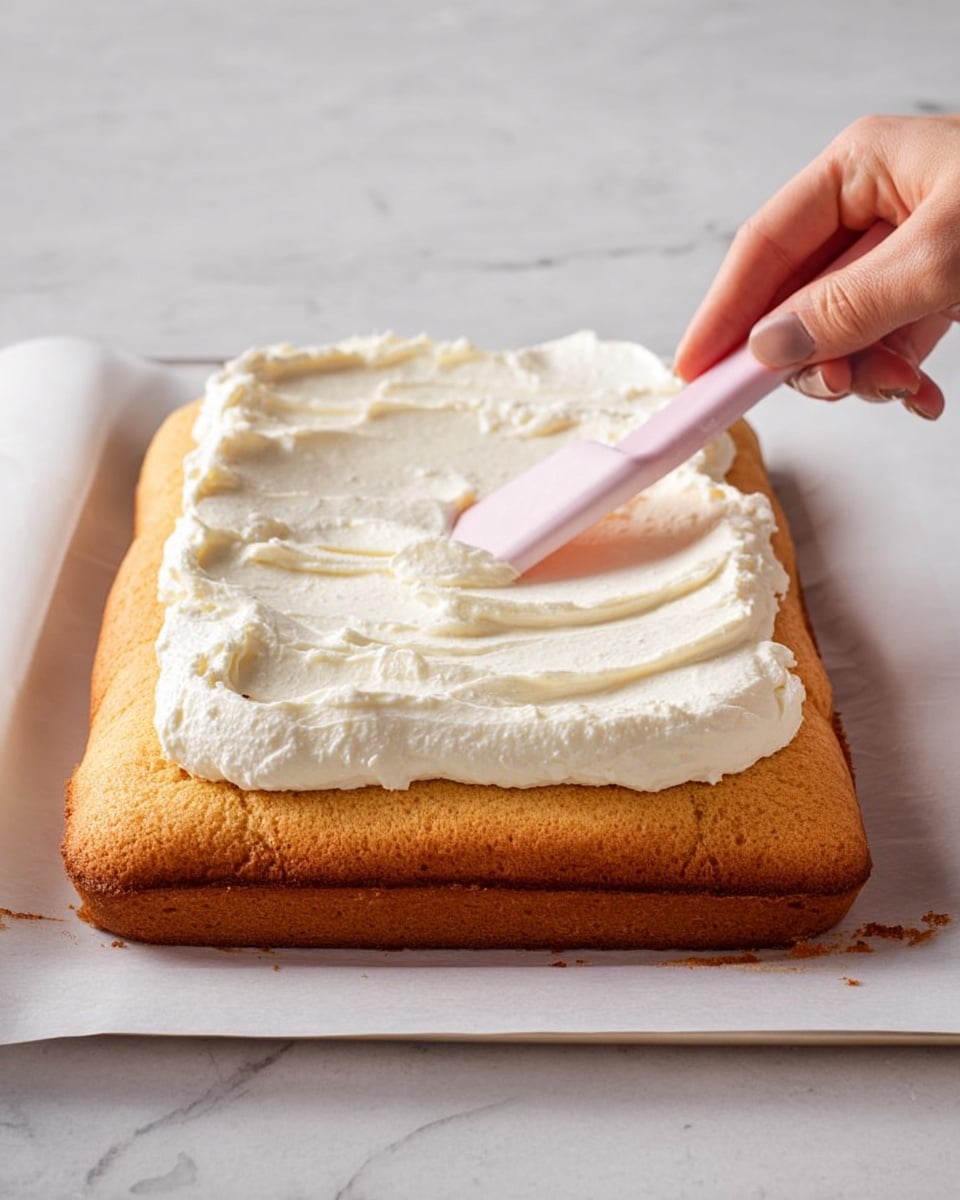 A rectangular, light brown sponge cake with rounded edges is placed on a white marbled surface covered in white parchment paper. The cake has a soft, fluffy texture with some folds on the sides. A thick layer of white creamy frosting is being spread on top using a pink spatula held by a woman's hand from the right side. The frosting layer covers most of the cake's top surface evenly, leaving a small border of the sponge cake visible around the edges. Photo taken with an iphone --ar 4:5 --v 7