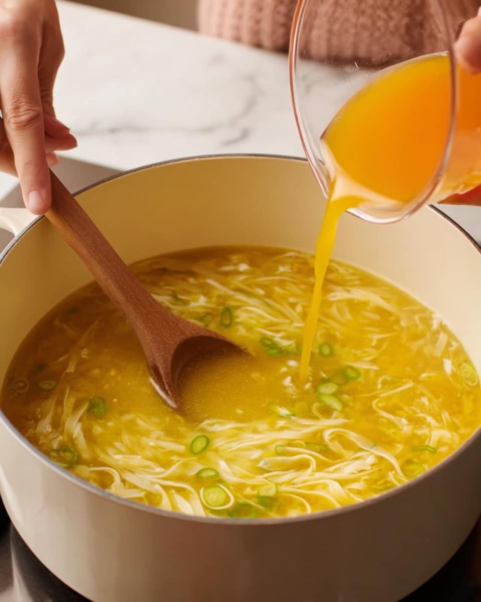 A white pot filled with clear yellow broth that has thin, soft, creamy white egg ribbons swirling inside, along with small green slices floating gently. A woman’s hand is stirring the soup with a wooden spoon on the left side, creating smooth movements in the liquid. On the right, another woman’s hand pours a bright orange liquid into the pot from a clear glass container, adding a rich contrast to the yellow soup. The pot sits on a cooking stove, with a soft, out-of-focus white marbled countertop in the background. photo taken with an iphone --ar 4:5 --v 7