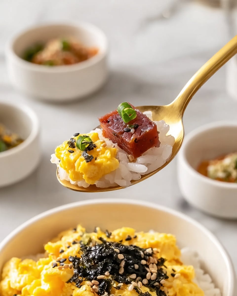 A close-up view of scrambled eggs cooking in a black frying pan with a textured honeycomb pattern inside. The eggs are bright yellow and slightly soft with some glossy white parts showing through, sitting mostly in the center of the pan. A woman's hand holds a pale pink spatula on the left side, gently stirring the eggs. The pan rests on a small gas burner on top of a white marbled surface that covers the area around it. Photo taken with an iphone --ar 4:5 --v 7