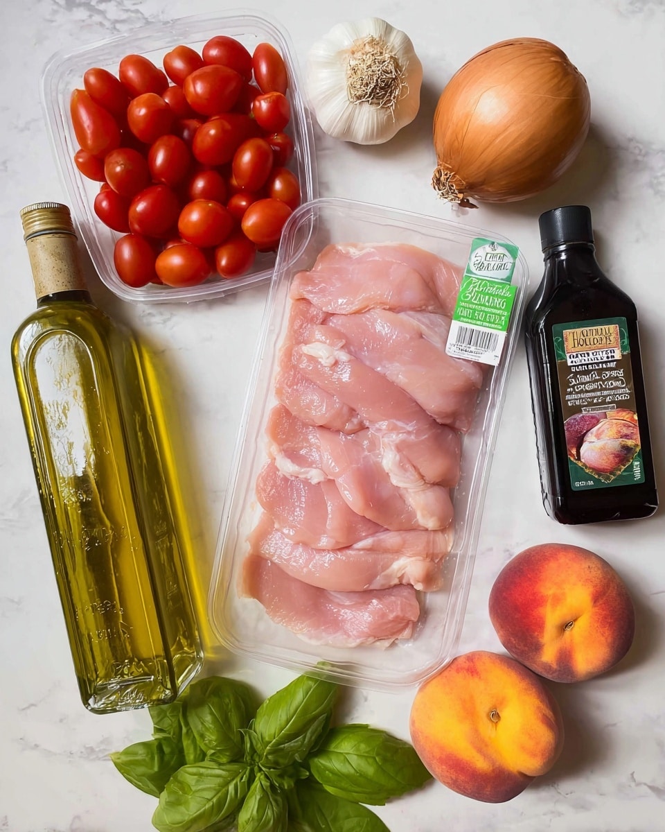 A top-down view shows raw pink chicken tenderloins in a clear plastic tray with a green label at the top right. Surrounding the tray are bright red cherry tomatoes in a clear container at the top, a round brown onion on the top right, a bulb of garlic to the right of the tomatoes, two fuzzy peaches with orange and red hues near the bottom center, a sprig of green basil leaves below the peaches, a tall clear bottle of yellowish olive oil on the left side, a dark bottle of balsamic vinegar near the top left, and a large dark plastic bottle of honey on the right side. All items are placed on a white marbled surface. photo taken with an iphone --ar 4:5 --v 7