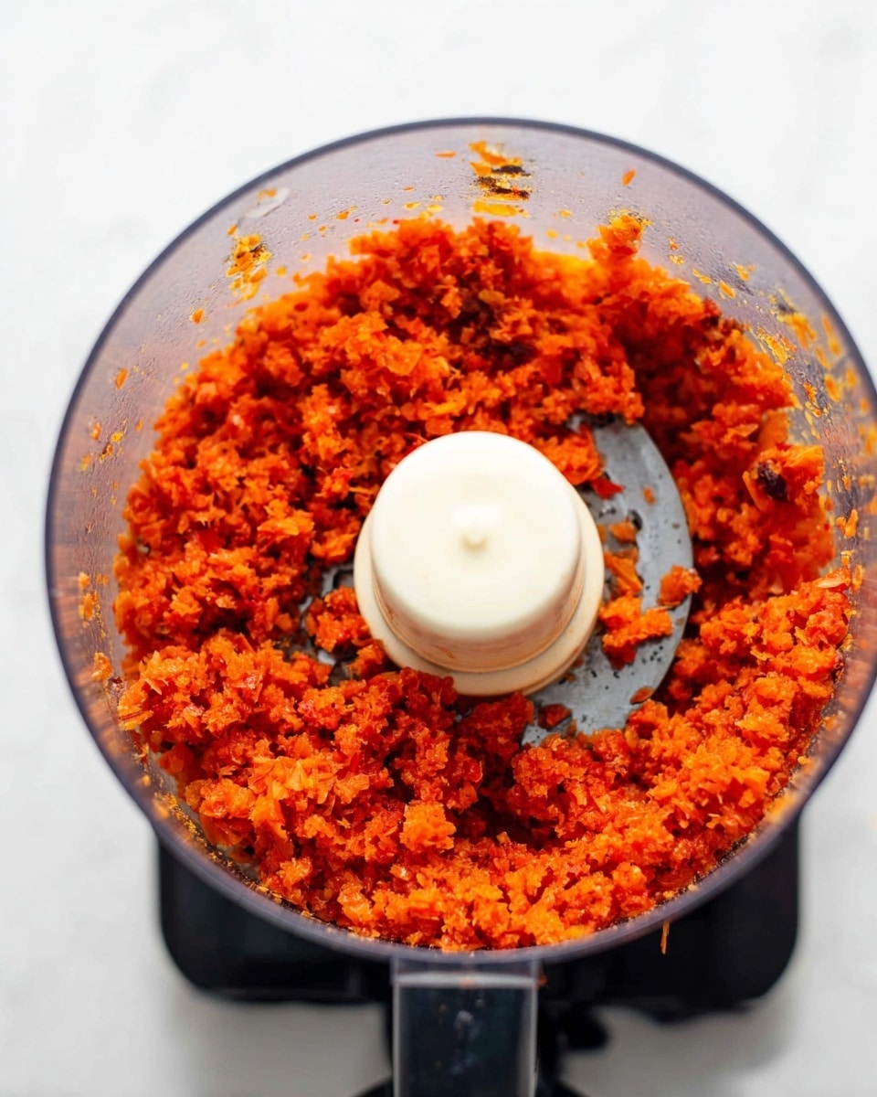A close-up image of a food processor bowl filled with finely chopped bright red-orange mixture. The mixture has a crumbly texture with small chunks spread evenly around the central chopping blade, which is white and positioned in the middle of the bowl. The inside of the clear bowl shows bits of the mixture stuck to its sides. The base of the food processor is black, set against a white marbled surface. photo taken with an iphone --ar 4:5 --v 7