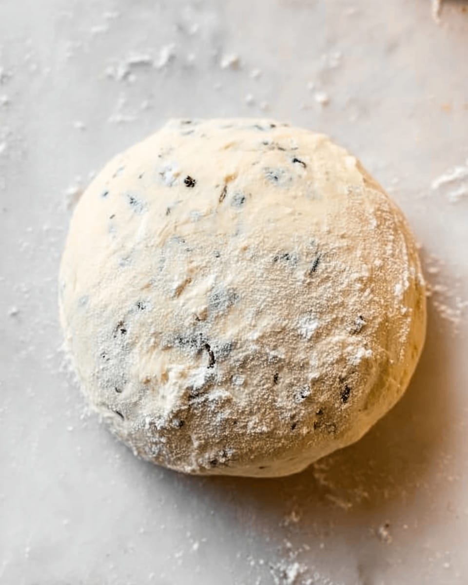 A close-up image of a round dough ball placed on a white marbled surface. The dough has a smooth, slightly uneven texture with patches of flour dusted over the top, giving it a light and powdery look. Small dark specks are visible under the flour, possibly herbs or other tiny ingredients mixed inside the dough. The dough appears soft and slightly puffy, ready for shaping or baking. photo taken with an iphone --ar 4:5 --v 7