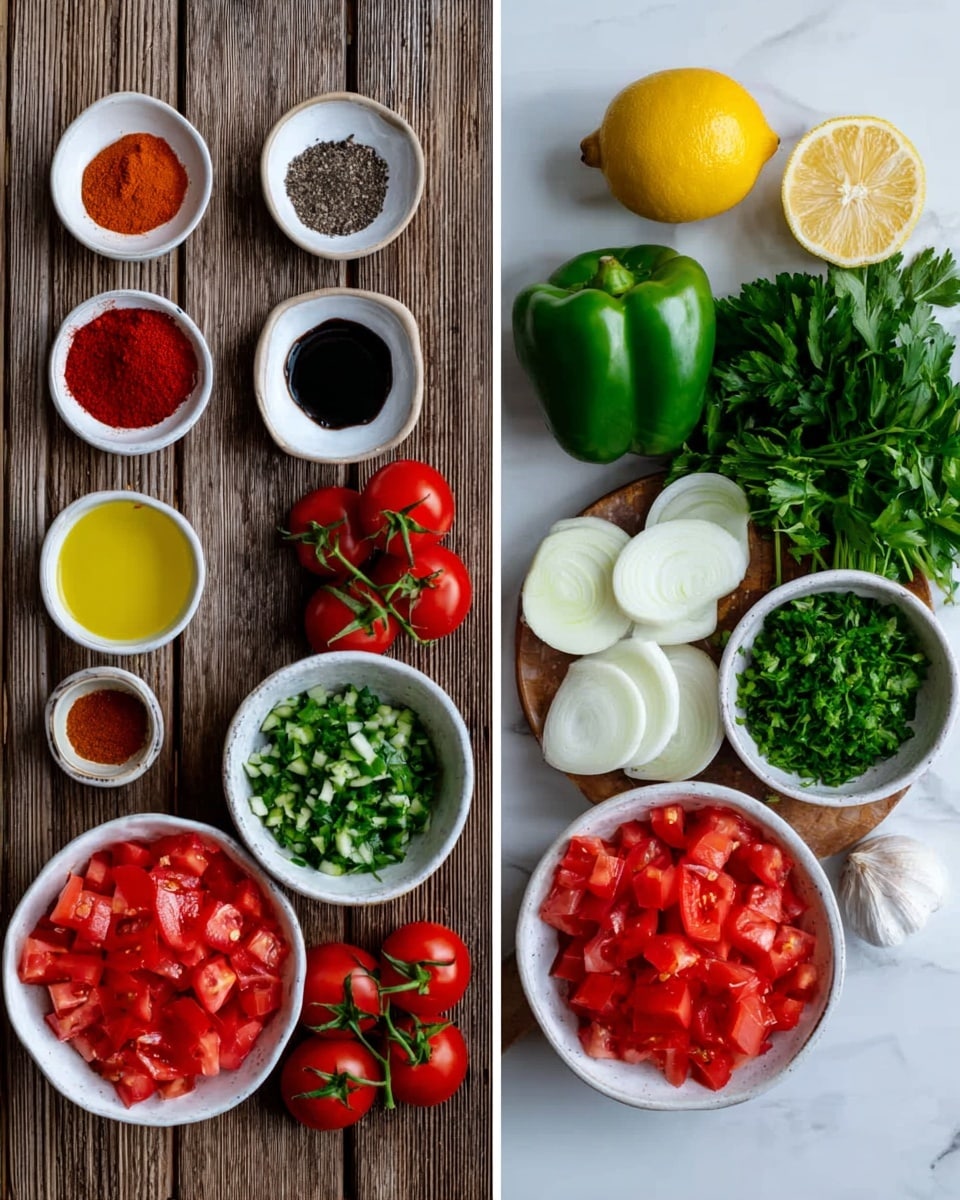The image shows a flat wooden surface with two groupings of fresh cooking ingredients arranged neatly. On the left side, there are small white bowls holding various powders and liquids, including chili powder, black paste, yellow oil, soy sauce, red spice, black pepper, and salt. Around the bowls, there are fresh tomatoes on the vine, a whole green bell pepper, half a lemon, a red chili, whole garlic, white onion, and fresh parsley clustered to the right. On the right side, the ingredients are in white bowls: one bowl filled with chopped red tomatoes in the bottom center, a bowl with chopped green bell pepper pieces at the right, a bowl full of round white slices in the middle, a bowl of chopped green leafy herbs above, and a small bowl of red spice powder at the top left. A half lemon is visible at the upper right edge. The background surface is changed to white marbled texture. photo taken with an iphone --ar 4:5 --v 7