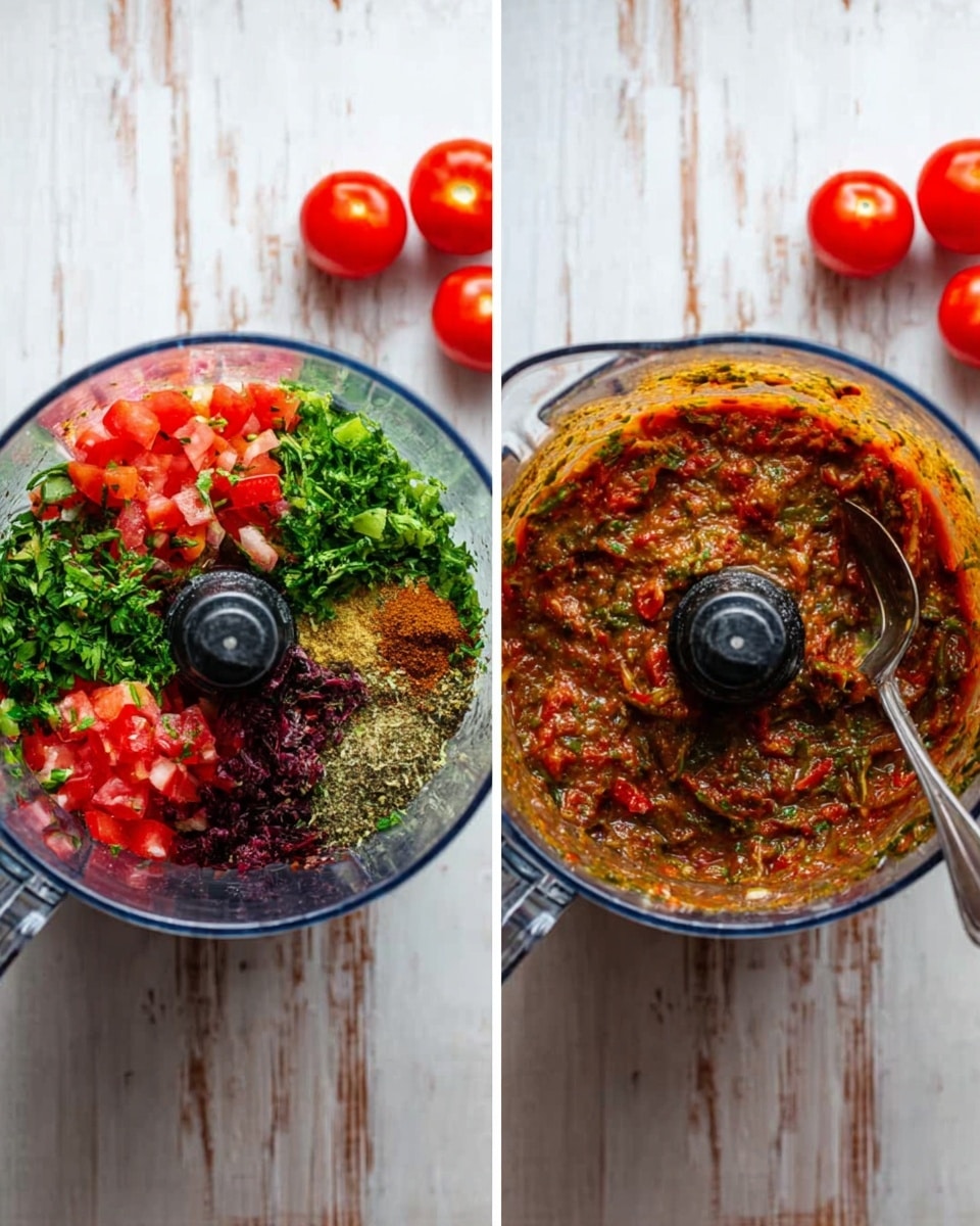 The image shows two side-by-side top views of a clear blender bowl on a white marbled surface. The left side has many colorful layers including chopped green herbs, bright red tomato pieces, green parsley, some dark red and purple spices, and a small pile of dried seasoning, all layered closely together but not mixed. The right side shows the same blender bowl after mixing, where the ingredients have combined into a thick, coarse, reddish sauce with visible green and red bits floating in it, and a silver spoon inside the bowl. Three red tomatoes sit near the top right edge of both photos. photo taken with an iphone --ar 4:5 --v 7