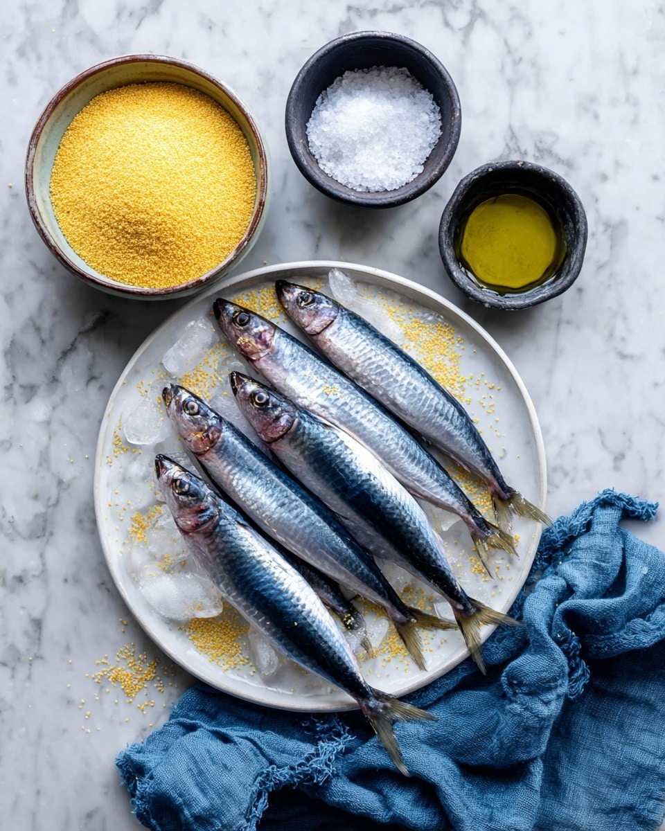 Seven whole small fish with shiny silver-blue skin are neatly placed on a white round plate with ice cubes scattered on and around them. Above the plate, there are two bowls on a white marbled surface; one bowl is filled with fine yellow cornmeal and the other with golden olive oil. A small dark bowl containing white salt is placed between the two bowls. To the right side of the plate, a crumpled blue cloth lies on the surface. photo taken with an iphone --ar 4:5 --v 7