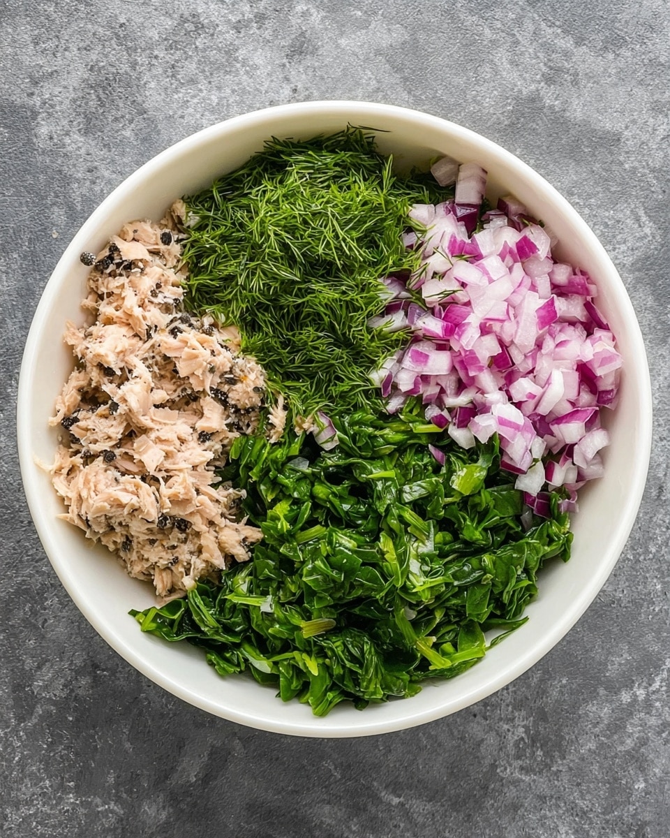 A white bowl on a gray textured surface holds four different ingredients arranged in separate sections. In the top right quarter, there are small, finely chopped pieces of red onion that are white with pink edges. The bottom right quarter is filled with finely chopped fresh green dill, showing thin, feathery leaves. The bottom left side contains shredded pale brown tuna fish with some black pepper sprinkled on it. The top left quarter has bright green chopped leafy spinach. The ingredients form a colorful, fresh mix in the bowl. photo taken with an iphone --ar 4:5 --v 7