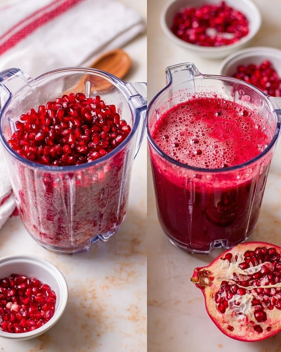 The image shows two clear blender containers on a white marbled surface. The left blender is filled with a single layer of bright red pomegranate seeds, showing a smooth and shiny texture with a wooden spoon and a white towel with red stripes nearby. The right blender contains a single layer of thick red pomegranate juice with some seeds on the sides and a frothy, bubbly texture on top. Around the blenders, there are small white bowls filled with pomegranate seeds and a halved pomegranate with its red interior exposed. photo taken with an iphone --ar 4:5 --v 7