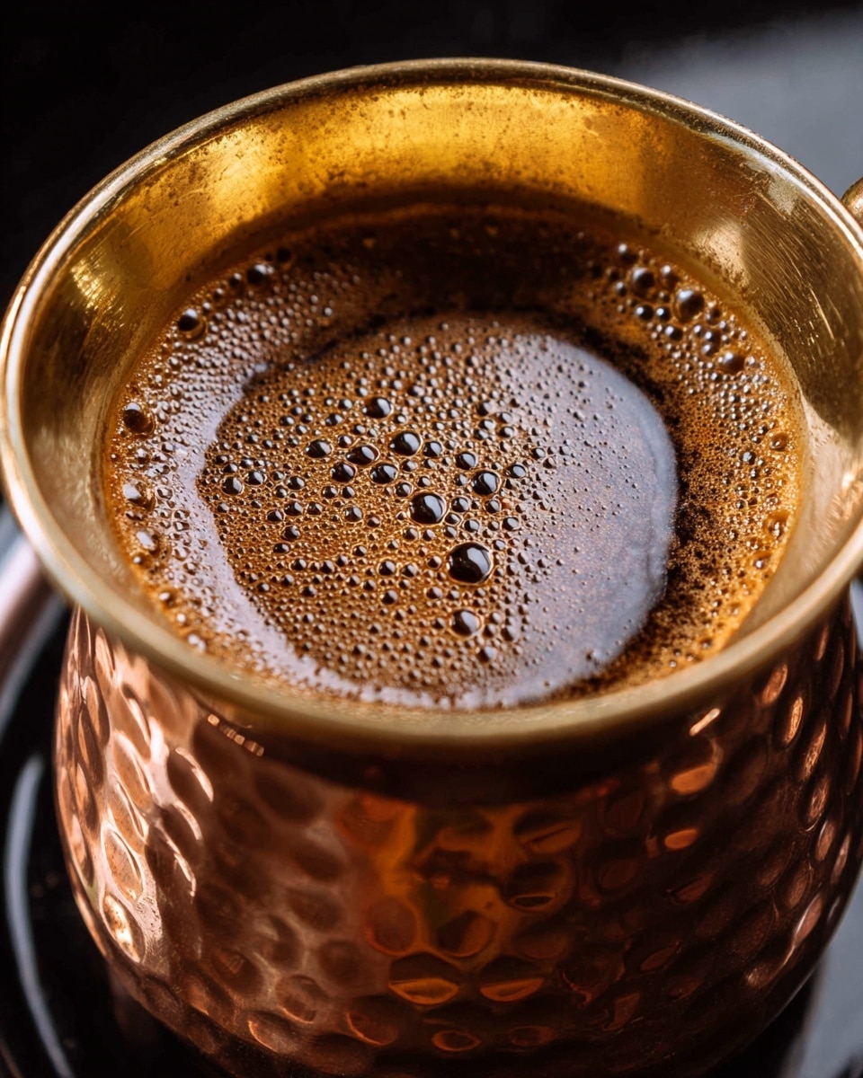 A close-up view of a hammered copper Turkish coffee pot filled with dark brown coffee foam on top, showing tiny bubbles along the surface. The inside of the pot has a metallic, shiny copper color with smooth texture, while the outside shows a hammered pattern with deeper orange and brown shades. The pot sits on a shiny black surface that reflects light. photo taken with an iphone --ar 4:5 --v 7