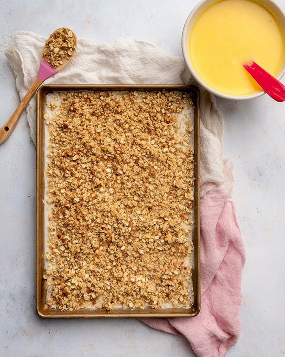 The image shows a rectangular baking tray filled with an even layer of crumbly, golden oat mixture on top of a pale base layer. On the left side of the tray, a wooden spoon with a pink handle rests, holding some of the oat crumbs. To the right of the tray, there is a round white bowl filled with yellow batter, with a red spatula inside it. Behind the tray, there is a folded white cloth and a pink cloth on a white marbled surface, giving a clean and simple background. Photo taken with an iphone --ar 4:5 --v 7