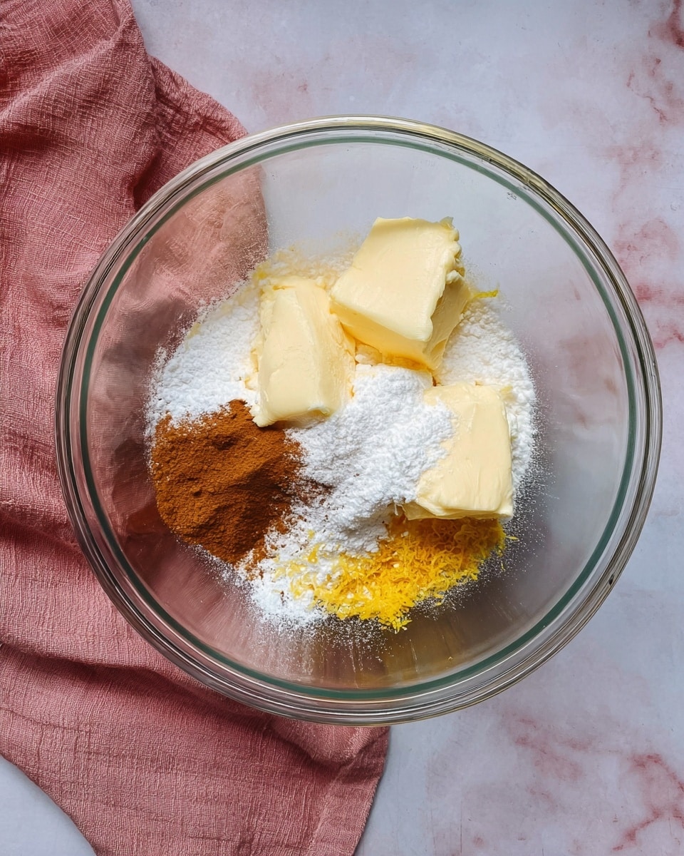 A clear glass bowl sits on a white marbled surface with a pink cloth partially under it on the left side. Inside the bowl are three soft yellow blocks of butter placed near the center, sprinkled with white powdered sugar on top. To the left of the butter is a pile of brown cinnamon powder, and a small amount of bright yellow lemon zest sits near the bottom center. The bowl's contents have a mix of soft, powdery, and fine textures, creating a contrast of warm and bright colors. photo taken with an iphone --ar 4:5 --v 7