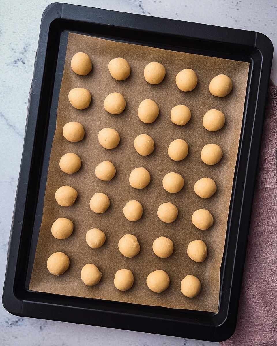 A black rectangular baking tray lined with light brown parchment paper is filled with small, round dough balls arranged in a neat 9 by 8 grid. Each dough ball is light beige, smooth in texture, and evenly spaced apart, sitting on the parchment paper. The tray is placed on a white marbled surface with a hint of a pink cloth visible at the bottom right corner. Photo taken with an iphone --ar 4:5 --v 7