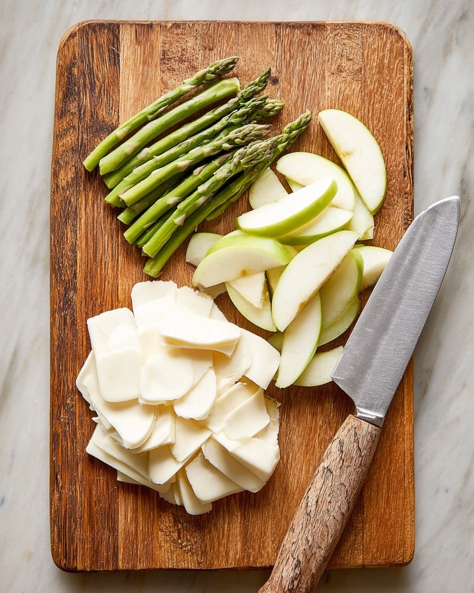 A wooden cutting board sits on a white marbled surface, holding three groups of sliced ingredients. On the bottom left, there is a pile of thick, white, creamy cheese slices layered unevenly, showing a smooth texture. Above the cheese, a neat bunch of green asparagus tips, cut into short pieces with a fresh, slightly glossy look, lay together. To the right of the asparagus, thin, curved slices of light green apple with smooth skin and pale interiors are slightly overlapping. A large knife with a wooden handle lies on the right edge of the board, its blade facing inward toward the ingredients. Photo taken with an iphone --ar 4:5 --v 7