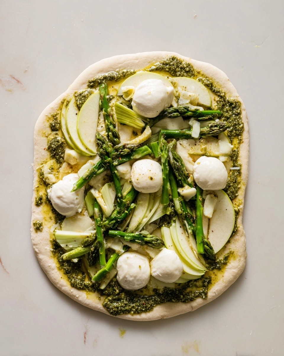 The image shows a pizza with a thick, golden-brown crust that is slightly charred and crispy on the edges. The base layer is a green pesto sauce, topped by a thick layer of melted white cheese with browned spots. Over the cheese, there are thin slices of light yellow apple and bright green asparagus pieces, scattered evenly. Small green pistachio nuts add texture and a pop of color on top, along with some fresh green herbs sprinkled around. The pizza is on a white plate set on a white marbled surface, with a drizzle of olive oil and tiny greens scattered around. Photo taken with an iphone --ar 4:5 --v 7