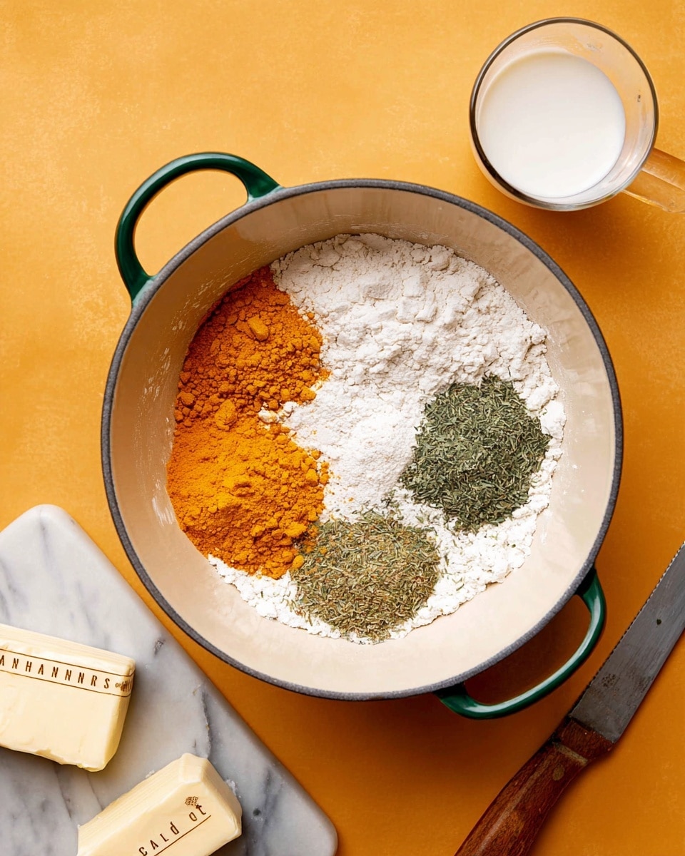 A large white bowl with two handles is shown from above, containing four layers of dry ingredients arranged separately: white flour, bright orange turmeric powder, light green dried thyme, and darker green dried parsley. Around the bowl on a white marbled surface, there are two wrapped sticks of butter marked