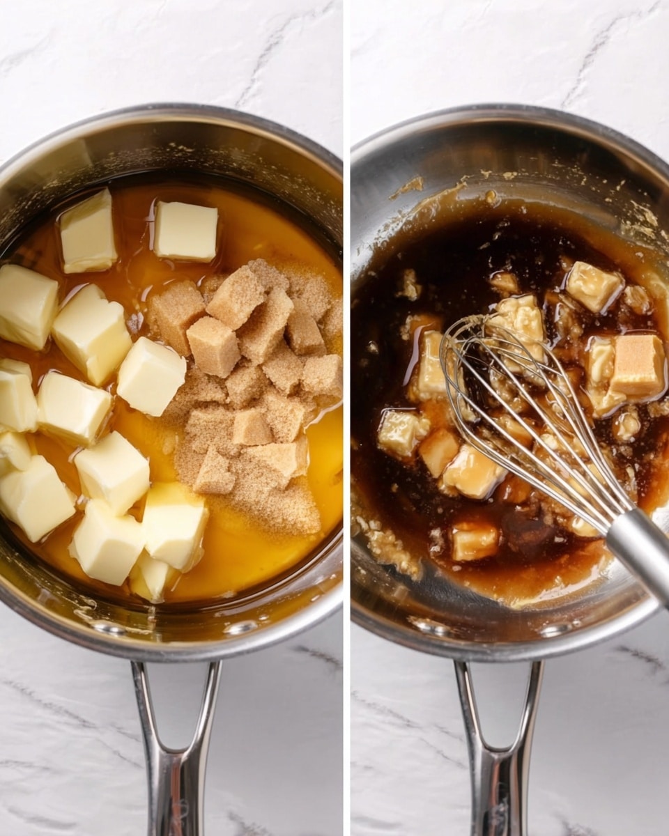 Two photos show the process of melting butter and brown sugar in a shiny silver pot on a white marbled surface. The left photo shows solid cubes of pale yellow butter and clumps of light brown sugar sitting on top of a layer of dark golden syrup at the bottom of the pot. The right photo shows the same pot with the ingredients partly melted and mixed into a thick glossy brown liquid with some small chunks of butter remaining. A silver whisk is inside the pot, breaking up the butter. photo taken with an iphone --ar 4:5 --v 7