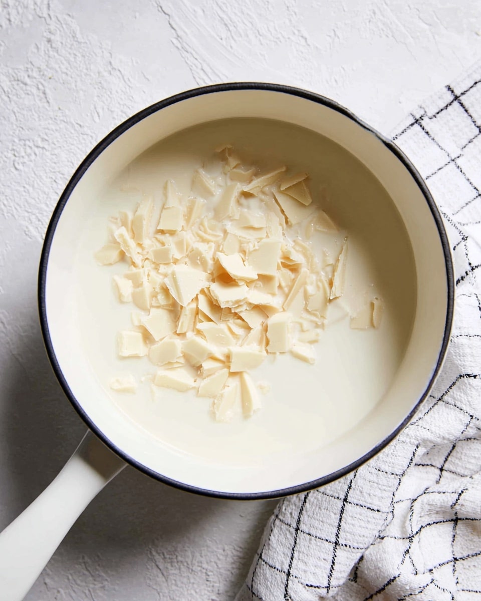 A white pot with a narrow black rim is filled with a milky white liquid, topped with scattered light beige chunks that look like white chocolate or a similar ingredient. The pot handle extends to the right and rests on a white marbled surface with a subtle textured pattern. Near the pot is a folded white cloth with a black grid pattern, partly visible on the right. The scene is lit with soft natural light showing gentle shadows. photo taken with an iphone --ar 4:5 --v 7