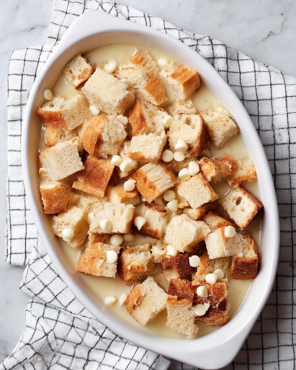 A white oval dish filled with many small cubes of light brown bread with crusts, mixed with small white chocolate chips scattered on top and soaked slightly in a light creamy liquid that shows at the bottom, all placed on a white marbled surface with a white and black grid-patterned cloth underneath the dish, photo taken with an iphone --ar 4:5 --v 7