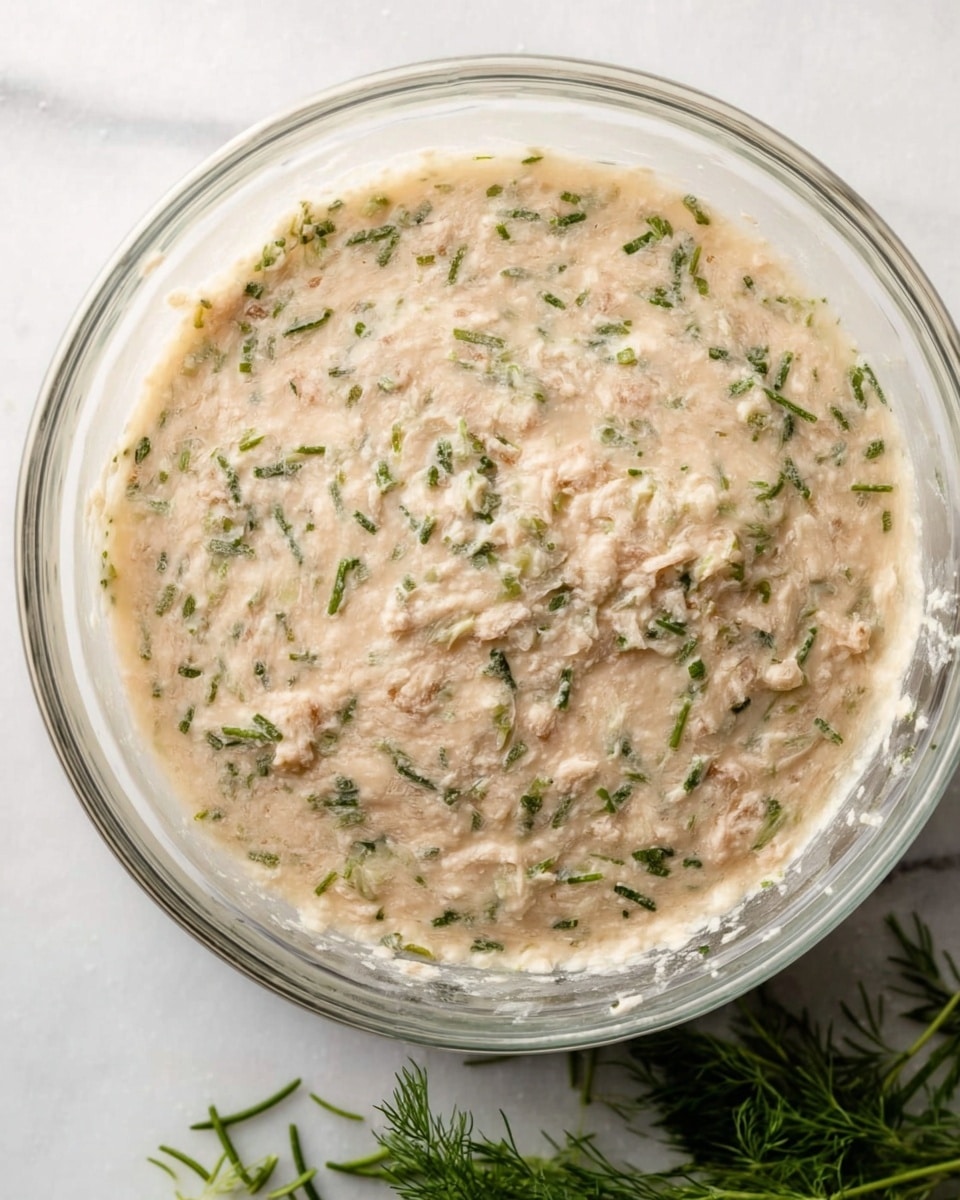 A clear glass bowl filled with a creamy, light beige mixture with small green herb pieces spread evenly throughout. The texture appears soft and slightly chunky, with a few rough spots on the surface. The bowl is placed on a white marbled surface, with sprigs of fresh green herbs partially visible at the bottom right edge of the image. Photo taken with an iphone --ar 4:5 --v 7