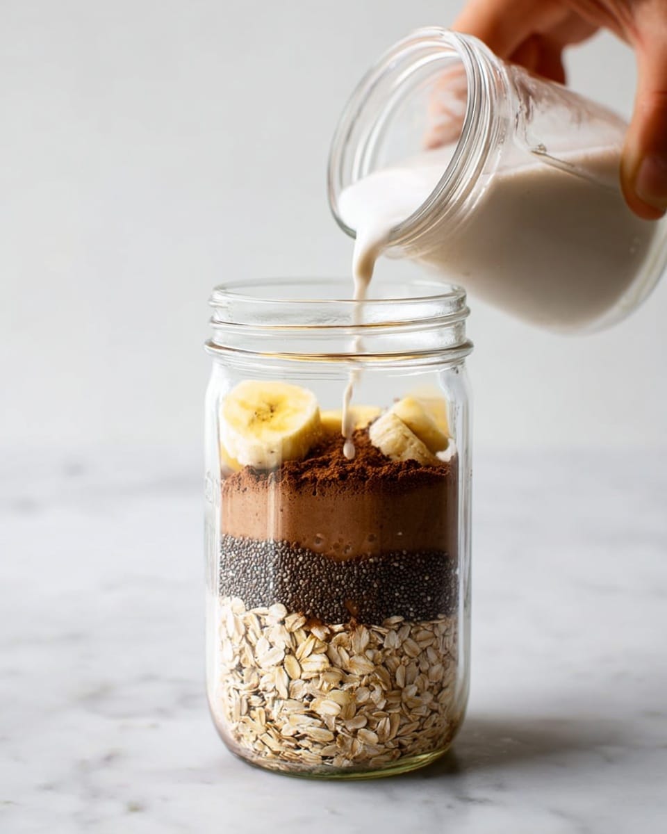 In a clear glass jar on a white marbled surface, there are visible four layers of ingredients. The bottom layer is light tan with a rough texture of rolled oats. Above it, a smooth light brown powder evenly covers the oats. The third layer is dark brown powder, slightly coarser, and on top of that is a thin layer of small black chia seeds. In the next photo, a woman's hand is pouring a white liquid into the jar, which also contains sliced yellow banana pieces sitting just above the dark brown powder layer. The clear jar and white marbled background make each layer and ingredient clearly visible photo taken with an iphone --ar 4:5 --v 7