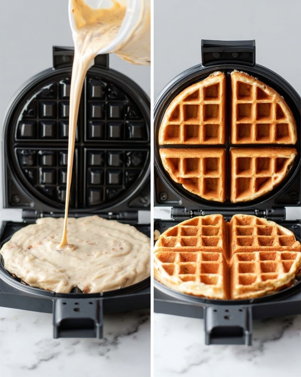 The image shows two side-by-side views of waffles being made in a black waffle iron on a white marbled surface. On the left, light beige batter with a smooth and creamy texture is being poured into the open waffle iron, filling the square pockets evenly. On the right, the same waffle iron is closed and a golden-brown cooked waffle with a crisp texture and evenly browned edges is visible, divided into four sections by the waffle iron’s grid pattern. Photo taken with an iphone --ar 4:5 --v 7
