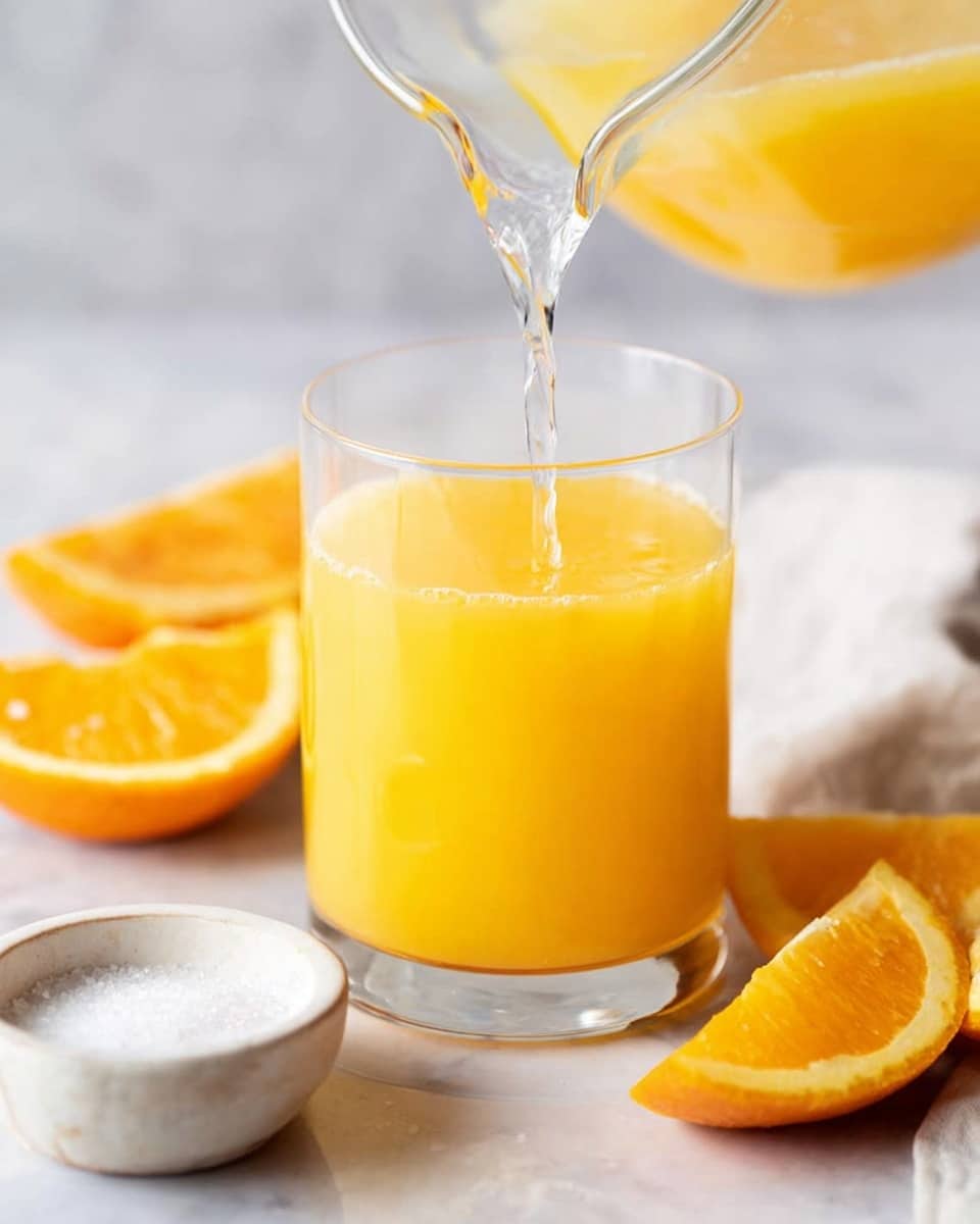 A clear glass is filled halfway with bright yellow orange juice and a clear liquid is being poured into it from a small clear glass pitcher above. Around the glass are fresh orange slices with rich orange color and vibrant texture. To the left of the glass is a small white bowl holding a small amount of coarse white salt. The glass and items are placed on a surface with a white marbled texture. The image focuses closely on the glass and pouring action, capturing smooth liquid flow and fresh juicy colors photo taken with an iphone --ar 4:5 --v 7