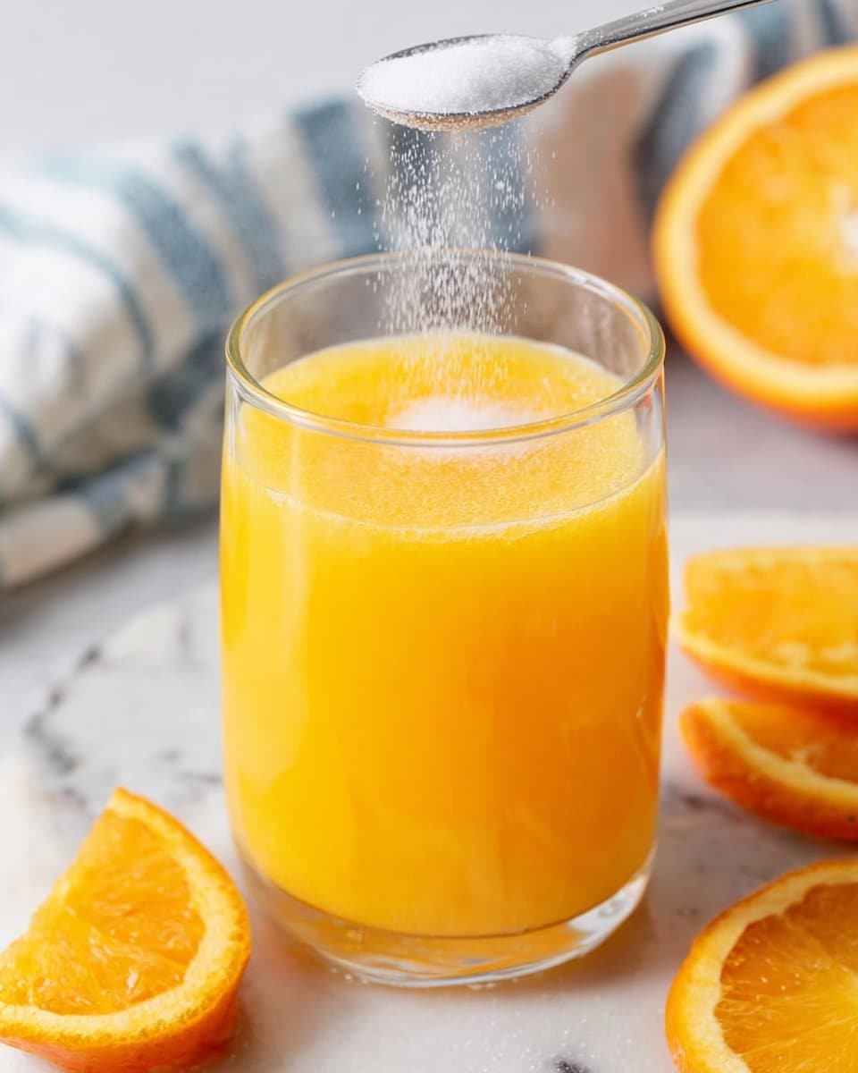 A clear glass is filled almost to the top with bright orange juice that looks smooth and slightly thick. Above the glass, a silver measuring spoon holds white granules, which are falling into the juice. Around the glass, there are sliced oranges with a vibrant orange color and juicy texture. The setting is on a white marbled surface with a light cloth that has blue stripes partially visible in the background. The overall scene is bright and fresh, showing a simple, healthy drink made with natural ingredients. photo taken with an iphone --ar 4:5 --v 7