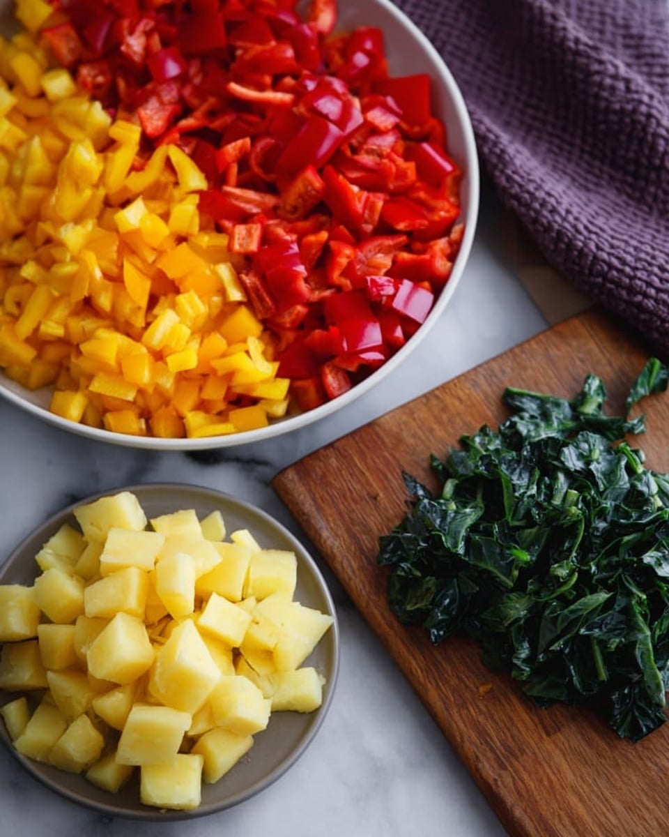 The image shows three distinct sections of chopped vegetables. The top section features a large white bowl filled with two types of diced peppers: bright yellow on the left and vibrant red on the right, neatly divided down the middle. Below, there is a white plate holding evenly cubed light yellow potatoes. To the right, a wooden cutting board holds a pile of dark green leafy vegetables, loosely stacked with visible texture and veins. The setting rests on a white marbled surface, and a purple textured cloth is partially visible in the top right corner. Photo taken with an iphone --ar 4:5 --v 7