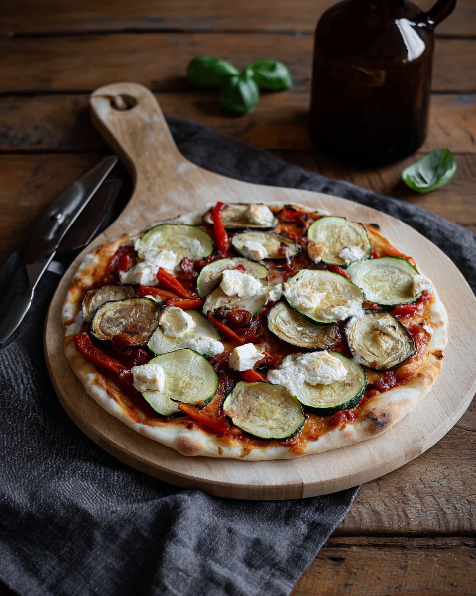 A round pizza on a light wooden pizza peel with a handle, placed on a dark gray cloth on a wooden table. The pizza has one thin crust base topped with a red tomato sauce layer visible through the toppings. The pizzas is covered with thin slices of green zucchini, round pieces of grilled eggplant with a light brown center and dark purple edges, strips of red roasted pepper, and scattered pieces of white creamy cheese on top. In the background, there is a dark brown glass bottle with a handle and some green basil leaves on the wooden table. Photo taken with an iphone --ar 4:5 --v 7