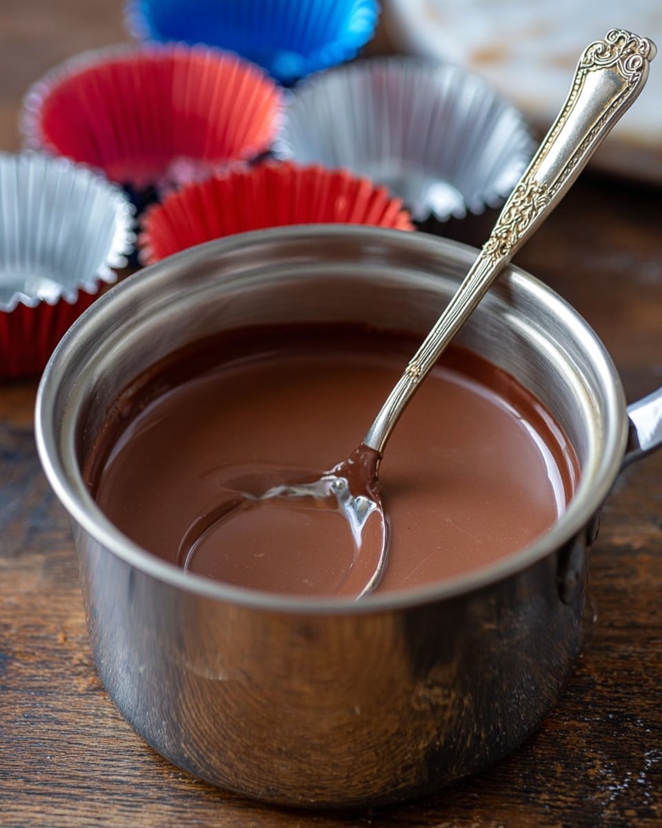 A close-up view of a shiny silver metal pot filled with smooth, rich brown melted chocolate. Inside the pot is a silver spoon with a long decorated handle resting gently, partially submerged in the chocolate. The pot sits on a dark wooden surface with out-of-focus red, blue, and silver cupcake liners and a white marbled textured background. The scene shows a sense of warmth and preparation. photo taken with an iphone --ar 4:5 --v 7
