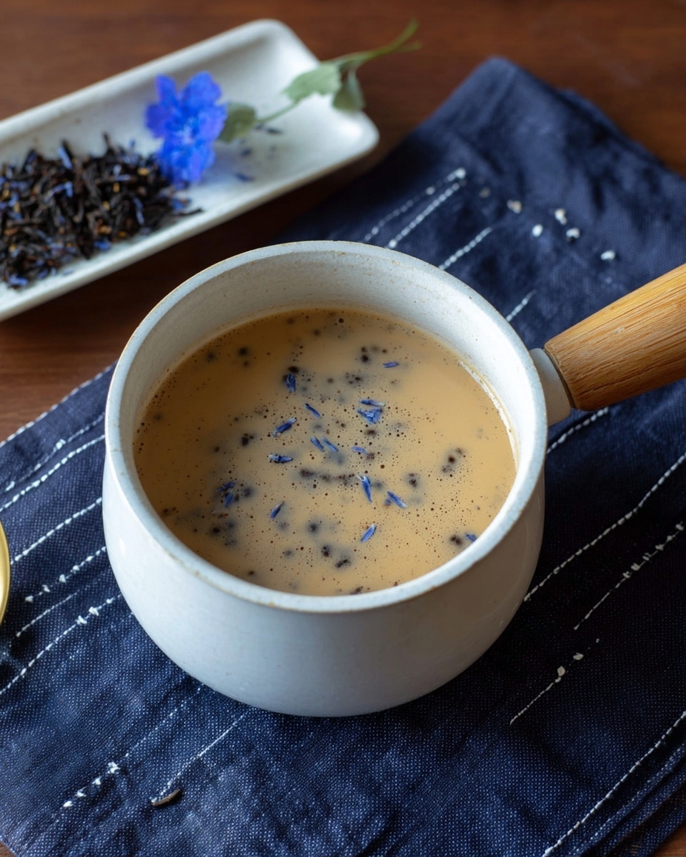 A white pot with a wooden handle holds a light brown liquid with small dark specks floating on the surface. The pot sits on a dark blue cloth with white dashed lines, placed on a wooden table. In the background, there is a white dish with dark loose tea leaves and a small blue flower next to it. photo taken with an iphone --ar 4:5 --v 7