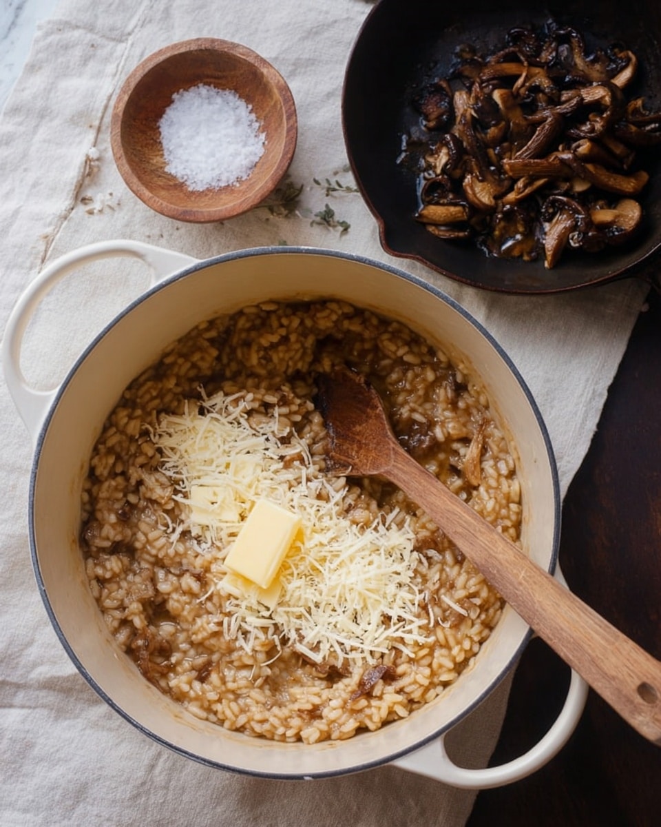 A white speckled bowl holds a creamy mushroom risotto with visible small chunks of mushrooms mixed throughout, the risotto has a light brown color with some darker brown mushroom slices on top. The dish sits on a wooden table with green leaves scattered around the bottom edge. To the left of the bowl is a glass of white wine, and to the right is a silver fork. A beige fringed cloth is partly visible in the top right corner. The surface is a white marbled texture. Photo taken with an iphone --ar 4:5 --v 7