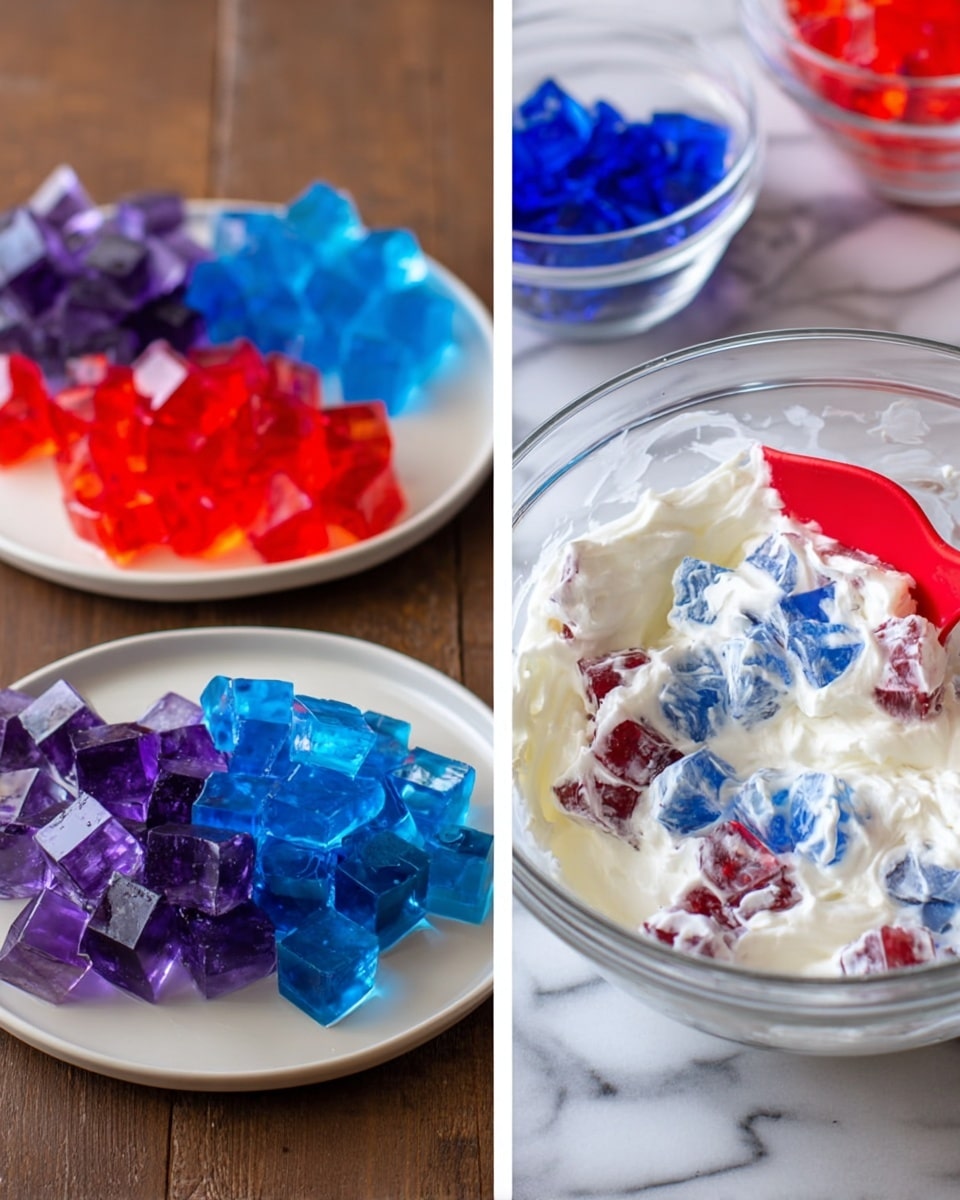 The dish is a round dessert in a white pan with a silver edge, placed on a white marbled surface. It has two visible layers: the bottom layer is a smooth, creamy white base, and the top layer is a creamy mixture with scattered colorful jelly-like cubes in shades of bright orange, deep blue, light blue, and a few pieces of dark purple. The cubes are evenly spread inside the creamy layer. Close by, there is a small white bowl with similar colored jelly pieces, and in the second image, the dessert is freshly covered with an even cream layer hiding most of the cubes. A woman's hand holding a white spatula with red cream residue is seen near the dessert. Photo taken with an iphone --ar 4:5 --v 7