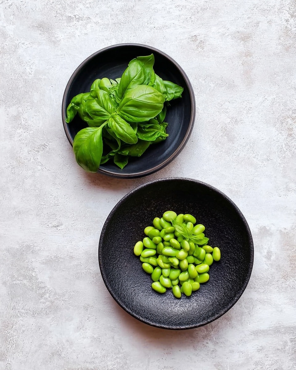 The image shows two black bowls placed on a white marbled surface. The larger bowl at the bottom right contains a small pile of bright green edamame beans, arranged loosely in the center. The smaller bowl at the top left holds fresh, vibrant green basil leaves stacked but not packed tightly. Both bowls have a matte texture and a simple round shape. photo taken with an iphone --ar 4:5 --v 7