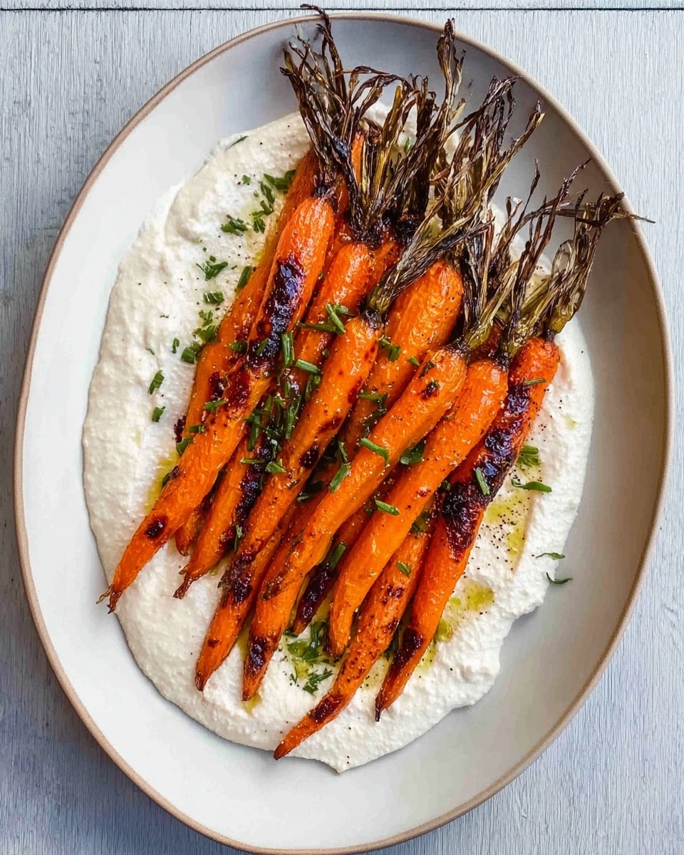 This dish has a white plate holding a layer of creamy white sauce with green specks, spread unevenly to show texture. On top, there is a loose pile of small roasted orange carrots with charred edges and green tops still attached. Scattered over the carrots are light brown toasted almond slices and fresh green parsley leaves. There is a light drizzle of yellow oil on the sauce and plate edges. The whole setup sits on a white marbled surface. Photo taken with an iphone --ar 4:5 --v 7