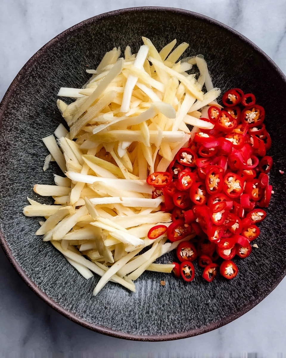 A textured dark bowl on a white marbled surface holds three piles of sliced ingredients, arranged side by side. On the left, thin pale yellow strips that look soft and smooth; in the middle, pale beige thin sticks that appear slightly fibrous; on the right, bright red circular slices of chili with some seeds showing, giving a fresh and sharp look. The contrast between the bright red chili and the light-colored strips creates a visually appealing mix. photo taken with an iphone --ar 4:5 --v 7