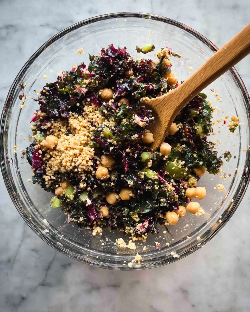 The dish is a mixed salad served on a white plate with a slightly raised edge. It has three main layers: the base consists of small, light yellow couscous grains spread evenly across the plate. Mixed throughout the couscous are round, golden chickpeas adding a soft, round texture. The top layer has pieces of dark purple kale leaves with curly edges and some small slices of bright green cucumber and halved red cherry tomatoes scattered throughout, giving a contrast of colors and freshness. The plate is placed on a white marbled surface. photo taken with an iphone --ar 4:5 --v 7