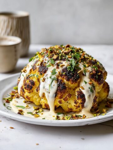 Whole Roasted Cauliflower with Tahini Sauce and Pistachio Garnish Recipe