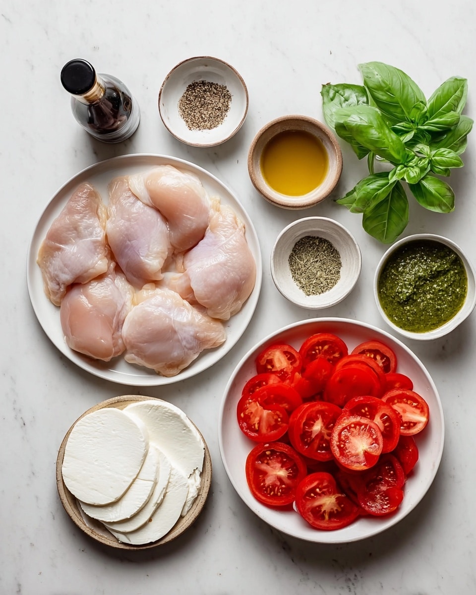 An overhead view of nine raw chicken pieces arranged close together on a white plate in the bottom left, next to a plate of white soft cheese slices stacked and overlapping near the center bottom. To the right, a bowl filled with red tomato slices arranged overlapping each other. Around these main plates are small white bowls containing black pepper, salt, and dried herbs, a small brown bowl with light minced garlic, a small bowl with amber-colored liquid, and a bowl with green pesto sauce. Fresh green basil leaves are placed near the pesto bowl. A dark bottle with soy sauce is in the top left corner. All items sit on a white marbled surface, photo taken with an iphone --ar 4:5 --v 7