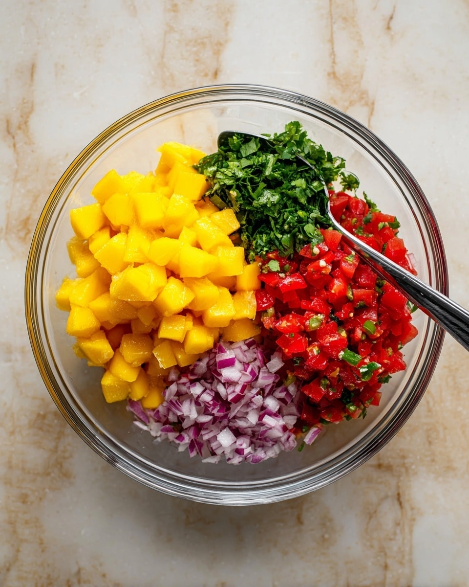 A white bowl filled with a colorful mango salsa, showing three main layers: the bottom layer of bright yellow mango cubes, the middle layer of small red tomato pieces mixed with green jalapeño bits, and the top layer of finely diced purple onion and green cilantro leaves scattered evenly. On one side of the bowl, two thick lime wedges sit on top of the salsa. Two triangular tortilla chips are placed upright inside the bowl on the left side, with more tortilla chips spread around the bowl on a beige surface. In the background on the right, two red tomatoes on a vine add to the vibrant color contrast. photo taken with an iphone --ar 4:5 --v 7