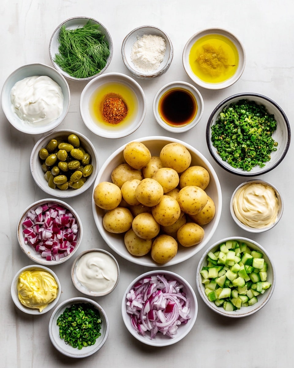 The image shows many small white bowls arranged in rows on a white marbled surface, each holding different ingredients. In the center, a large white bowl is filled with small round yellow potatoes. Surrounding it are bowls with chopped green pickles, diced red onions, olive oil, lemon juice, black pepper, minced garlic, honey, red vinegar, salt, creamy white yogurt, light brown mustard, mayonnaise, chopped green chives, fresh dill, and diced cucumbers. Each ingredient stands out clearly with its vibrant color and texture in the clean, bright setting. photo taken with an iphone --ar 4:5 --v 7