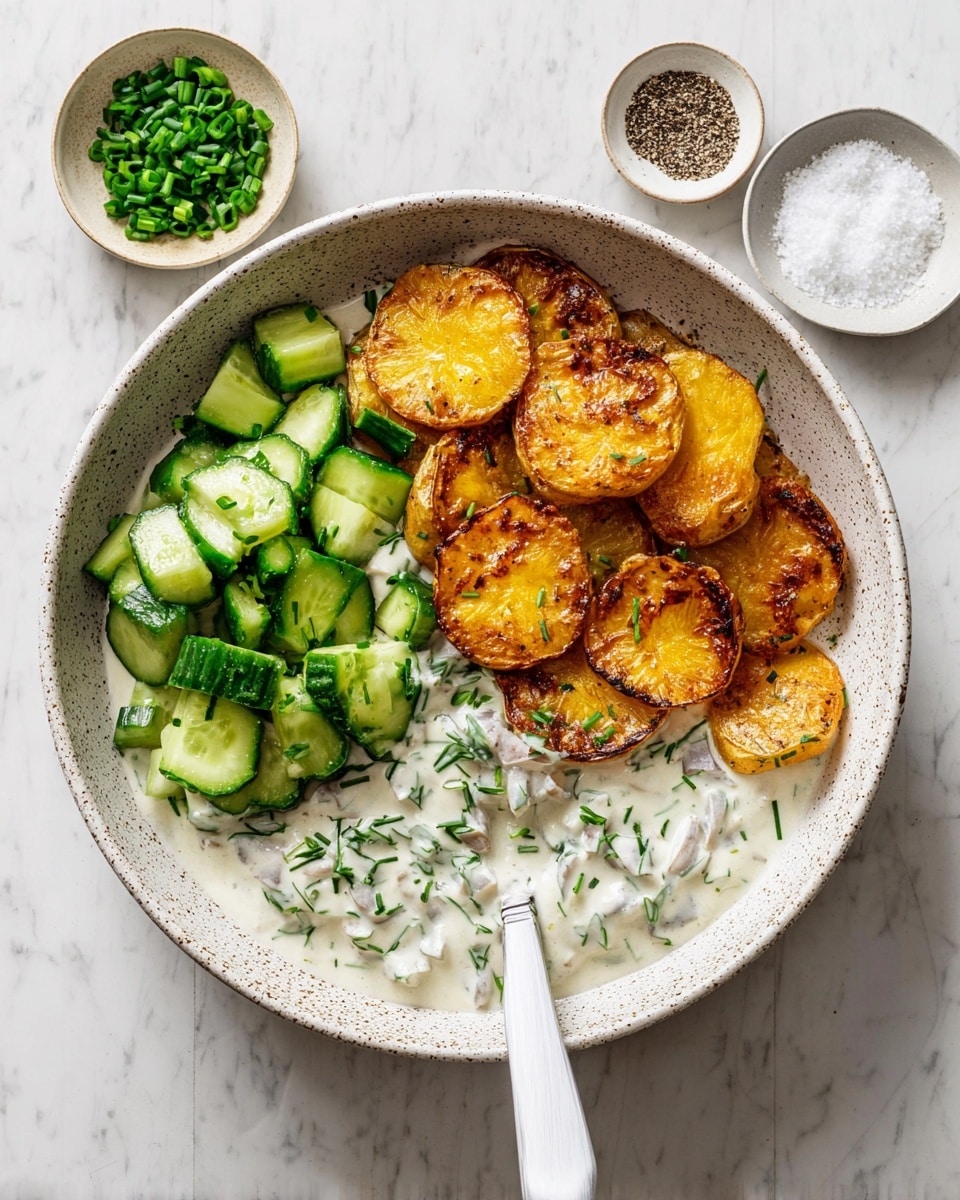 In a deep white bowl with speckles, there are several pieces of golden-brown crispy smashed potatoes placed unevenly, covered with a creamy white sauce that pools at the bottom and drizzles over the potatoes. Mixed into the sauce are small, bright green cucumber chunks, pale green pickle pieces, finely chopped red onions, and fresh green herbs like dill and chives, adding color and texture contrast. The creamy sauce glistens around the potatoes, making the dish look fresh and rich, all set on a white marbled surface. photo taken with an iphone --ar 4:5 --v 7