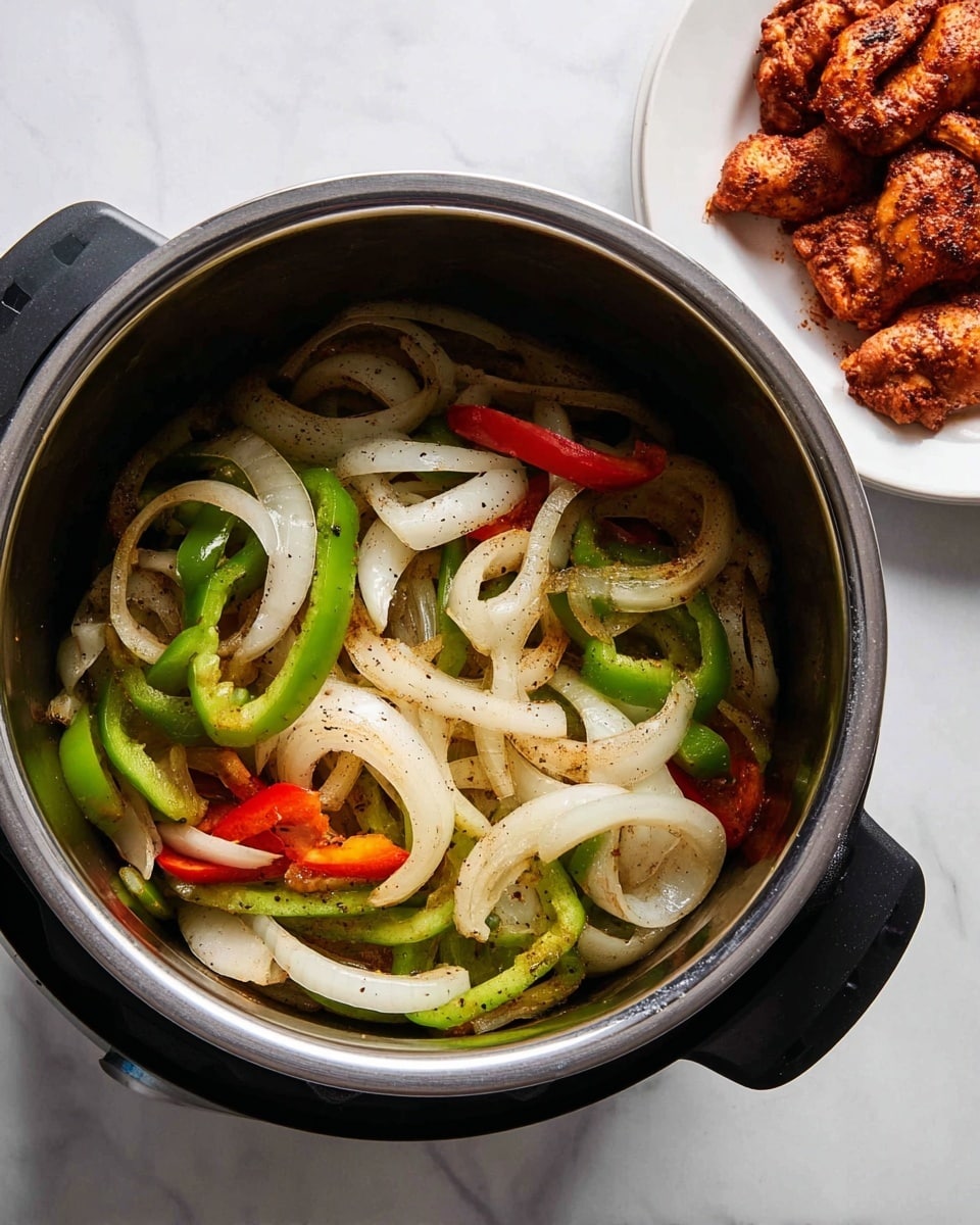 Inside a black cooking pot with two handles, there is one layer of cooked vegetables consisting of rings and strips of white onions, green bell peppers, and red bell peppers. The vegetables have a slightly shiny surface with visible black pepper seasoning scattered on them. To the right, a white plate holds pieces of reddish-brown seasoned cooked chicken. The pot and plate sit on a white marbled surface. photo taken with an iphone --ar 4:5 --v 7