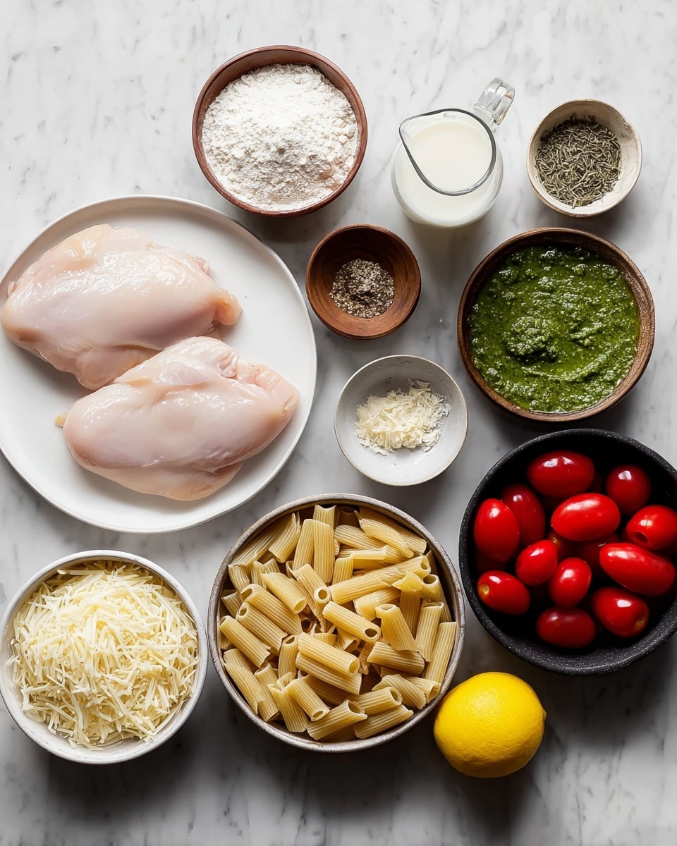 The image shows various fresh cooking ingredients neatly arranged on a white marbled surface. On the left side, there are two raw, pale pink chicken pieces placed on a white plate. Above the chicken, there are four small bowls: a light brown bowl with white flour, a dark bowl with minced garlic, a medium wooden bowl with black pepper, and a small dark bowl containing mixed dried herbs. To the right, a clear glass jug filled with white cream sits next to a dark bowl of coarse salt. Among these, a white bowl is filled with bright green pesto sauce. Below the pesto, a bowl holds beige dried pasta with tube shapes. To the far right, there is another dark bowl filled with red grape tomatoes, and a whole yellow lemon is placed near the bottom right corner. In front of the pasta, there is a black bowl of finely grated pale cheese. The colors stand out against the white marbled background. photo taken with an iphone --ar 4:5 --v 7