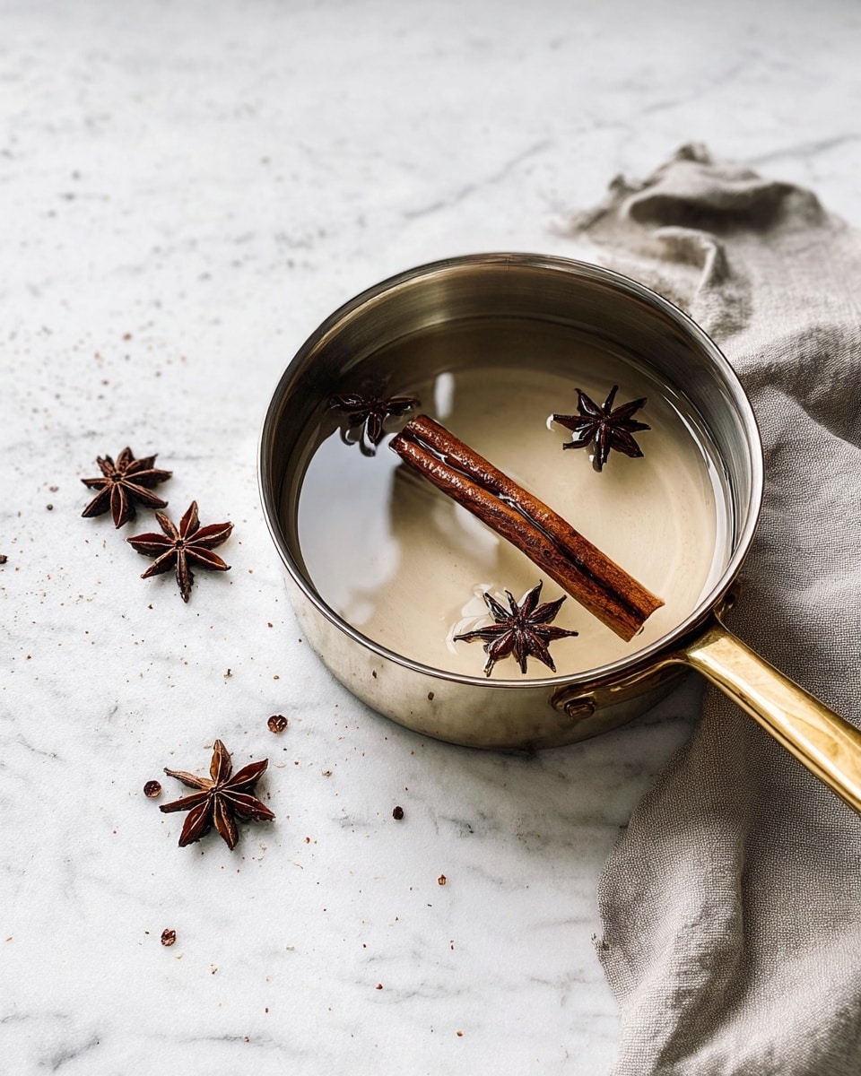 A silver pot with a golden handle is placed on a white marbled surface, inside the pot there are two brown cinnamon sticks and three dark brown star anise pieces floating in clear liquid. Outside the pot, on the white marbled surface, there are three scattered star anise pieces. A folded light gray cloth is partially visible on the right side under the pot. The lighting is soft, showing light reflections on the pot and spices photo taken with an iphone --ar 4:5 --v 7