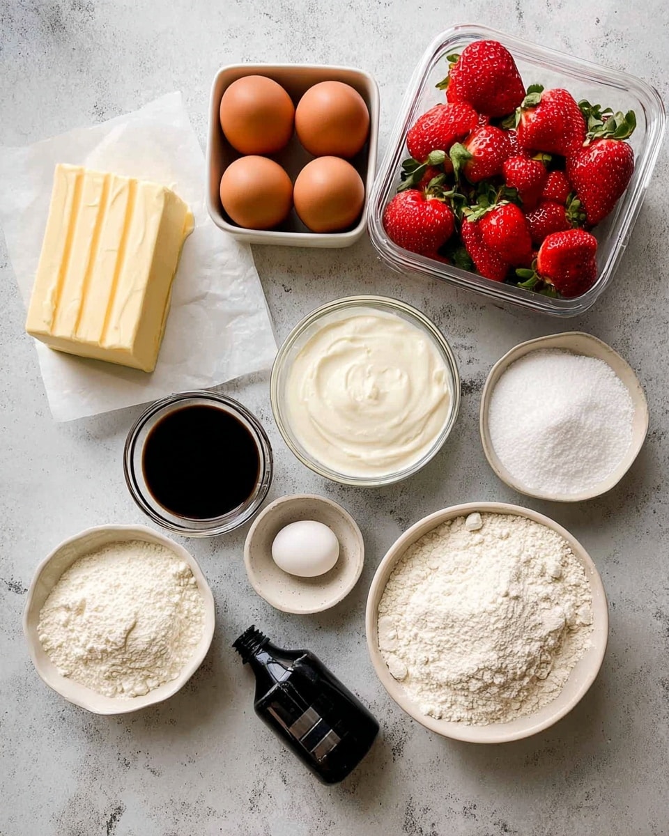 The image shows an arrangement of baking ingredients on a white marbled surface. There are two large blocks of light yellow butter on white parchment paper in the bottom left. Next to them is a clear plastic container full of bright red strawberries with green leaves. Moving towards the top right, there are four brown eggs in a small square white bowl. Nearby, a medium clear glass bowl holds thick white cream. There are three small round dishes: one with white flour, one with white powder and a white oval tablet, and one with white powder as well. A black bottle of vanilla extract is placed horizontally near the center. Two white bowls, one with fine white granulated sugar and the other with white flour, are also visible. All items are neatly spaced on the white marbled surface with soft natural light. photo taken with an iphone --ar 4:5 --v 7